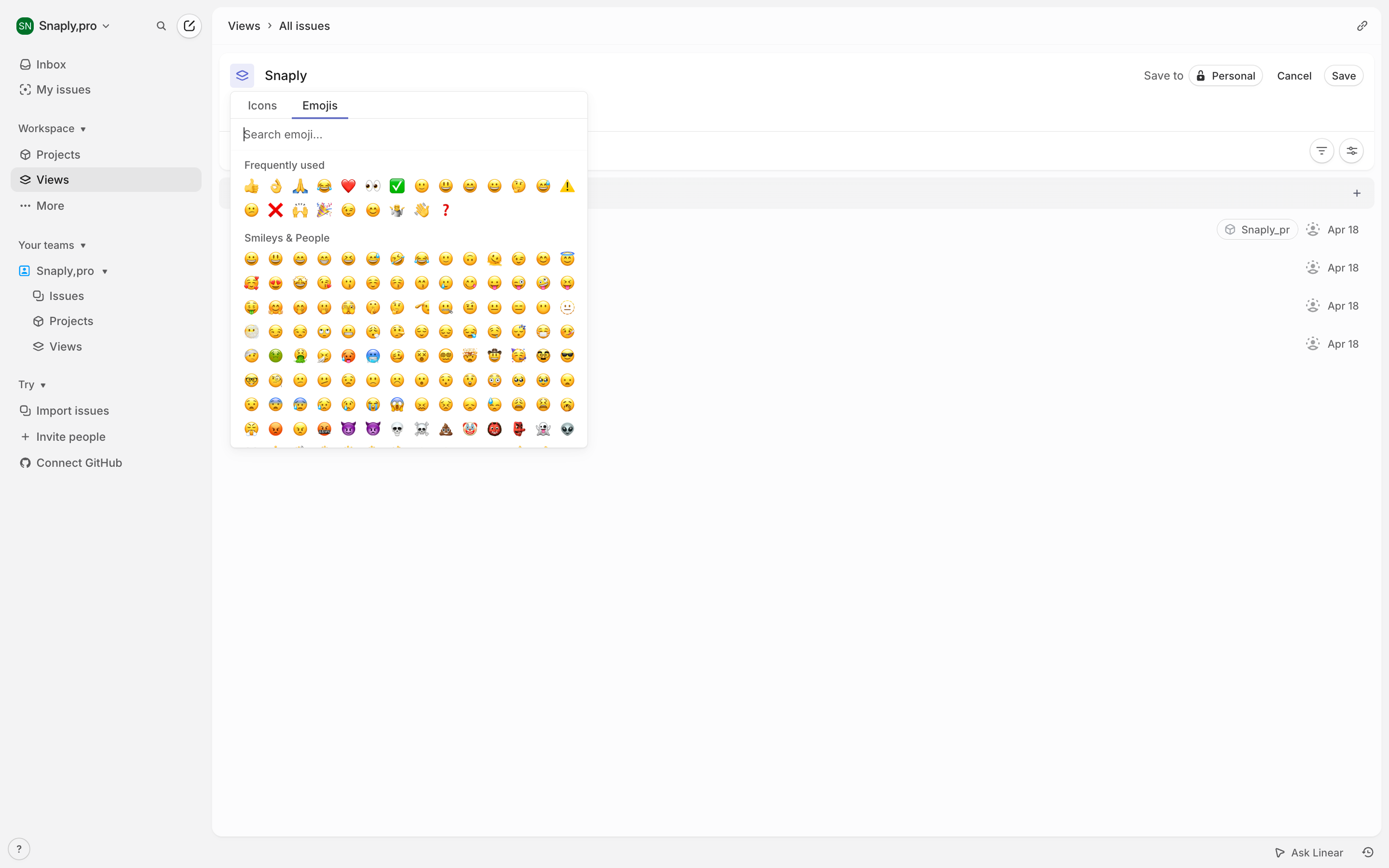 Linear — reaction-picker screenshot