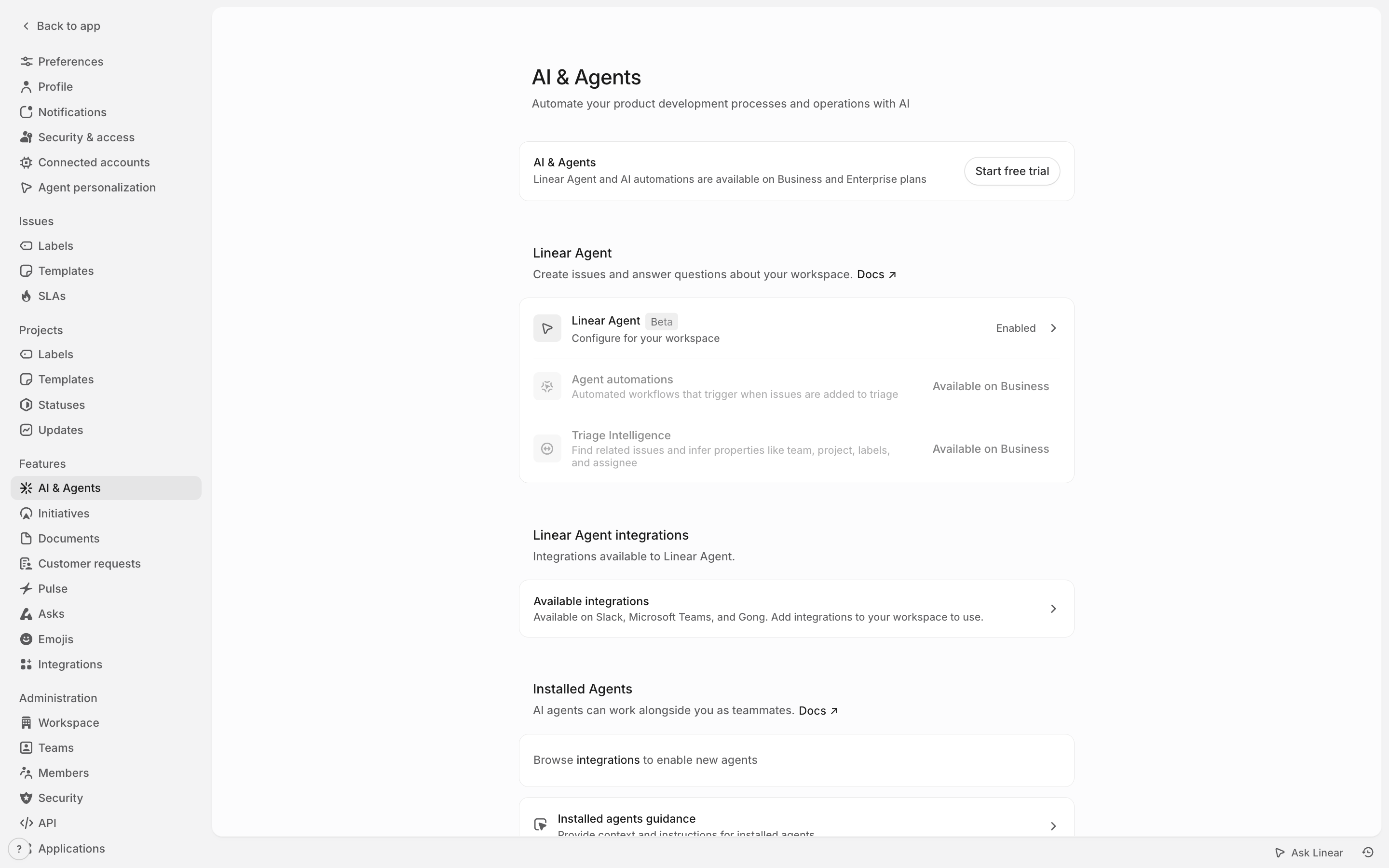 Linear — ai-agents-settings screenshot