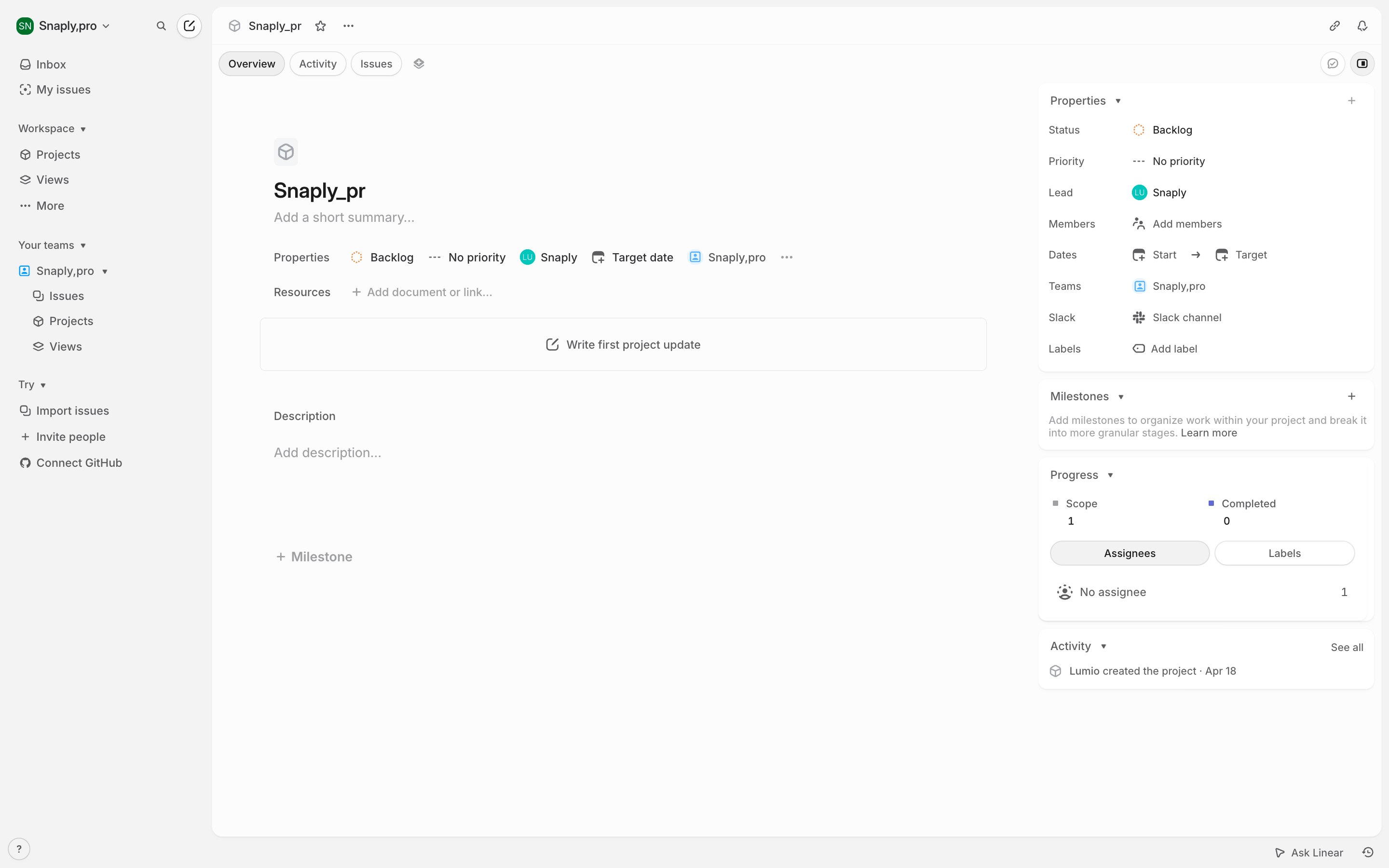 Linear — project-properties screenshot