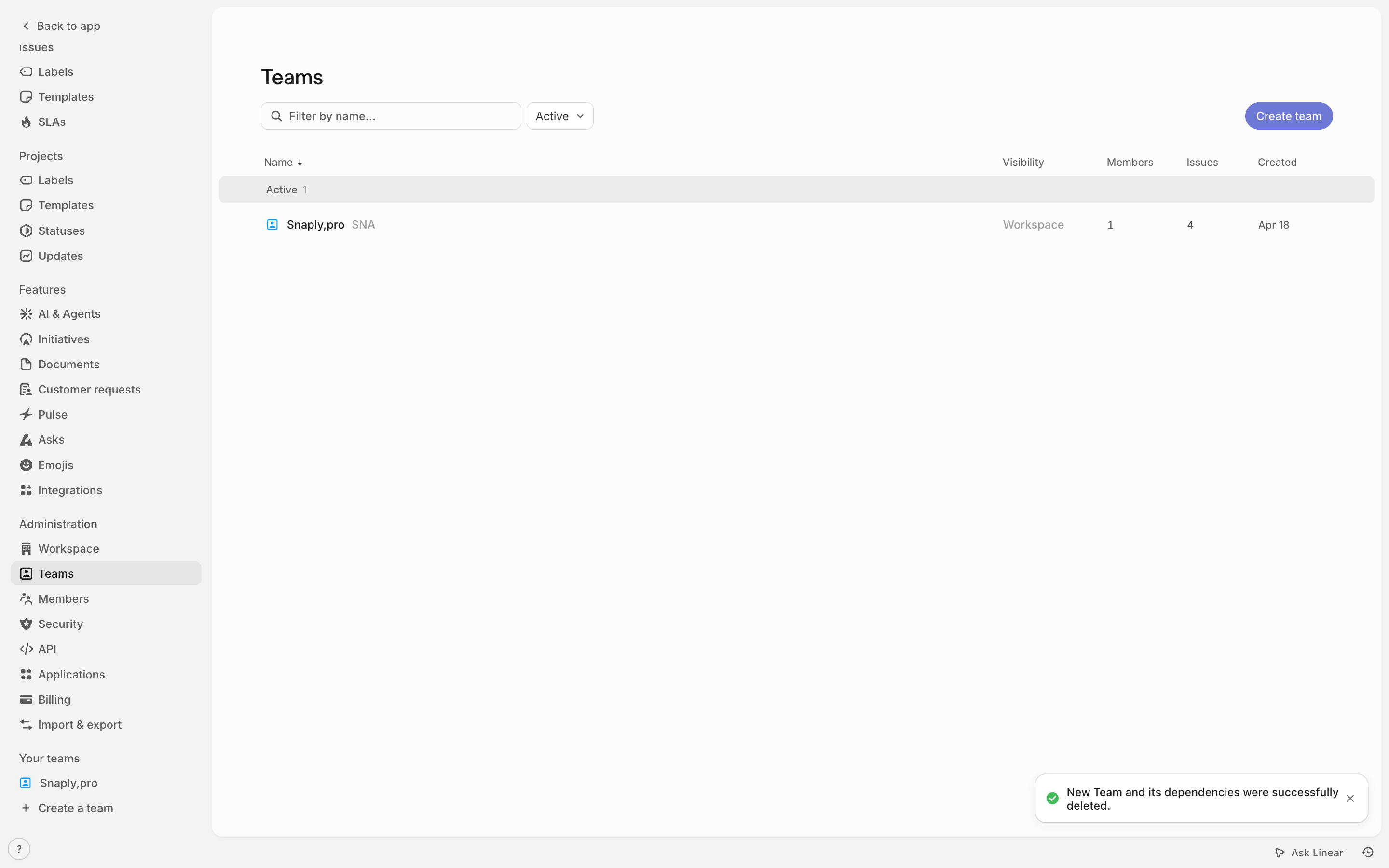 Linear — teams-list screenshot