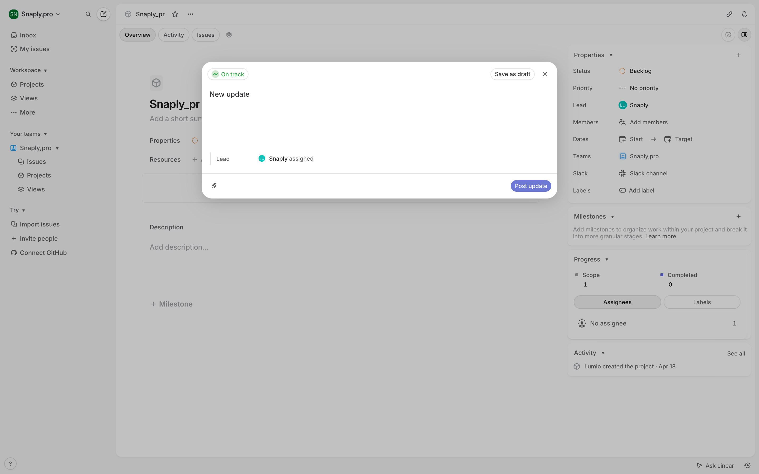 Linear — project-focus-dialog screenshot