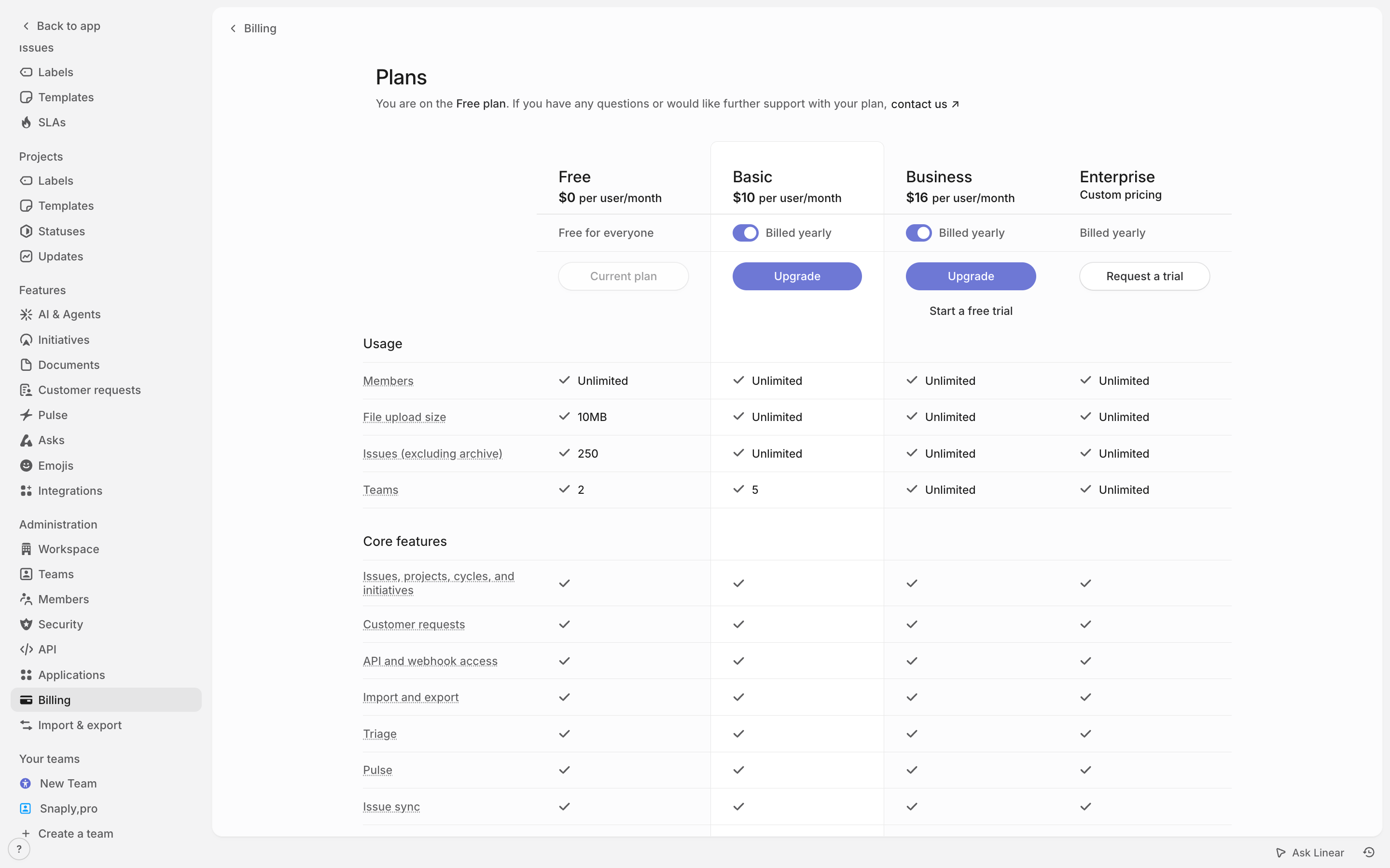 Linear — plans screenshot
