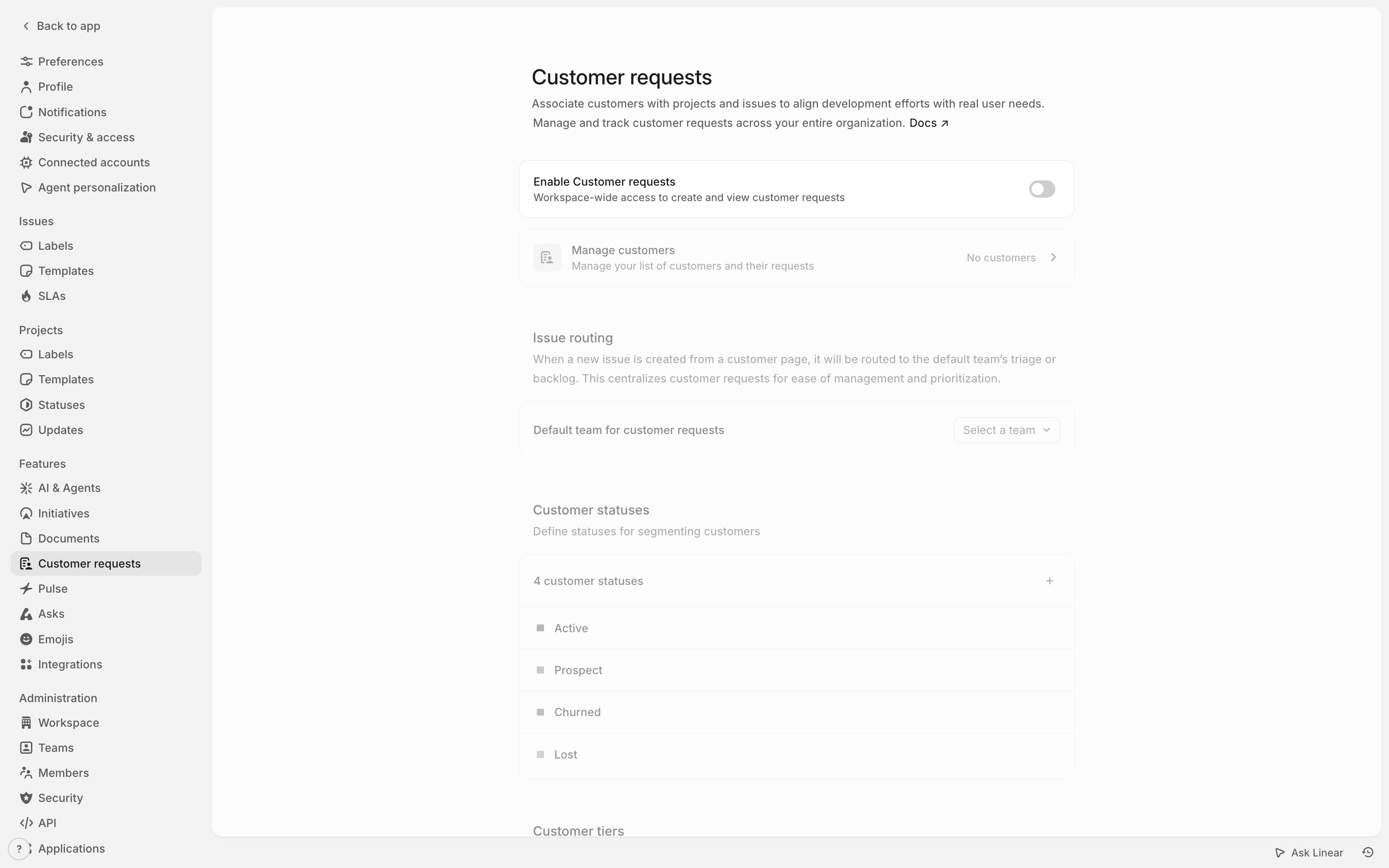 Linear — customer-requests screenshot