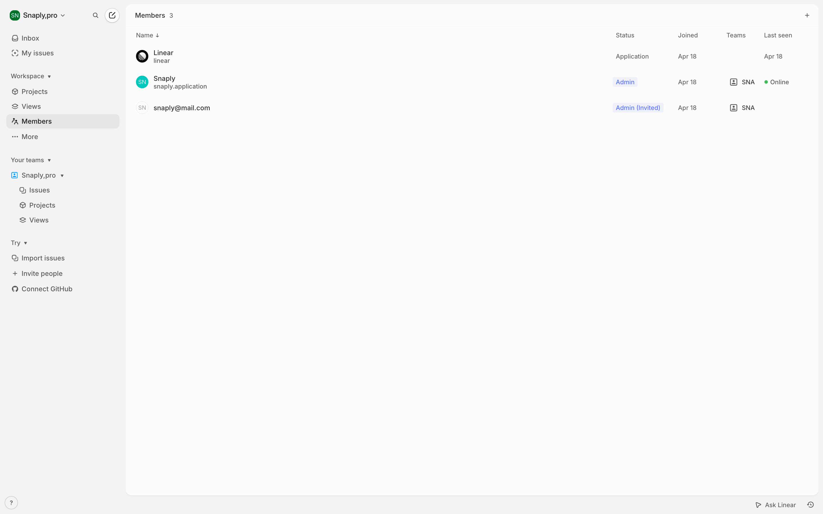 Linear — members-list screenshot