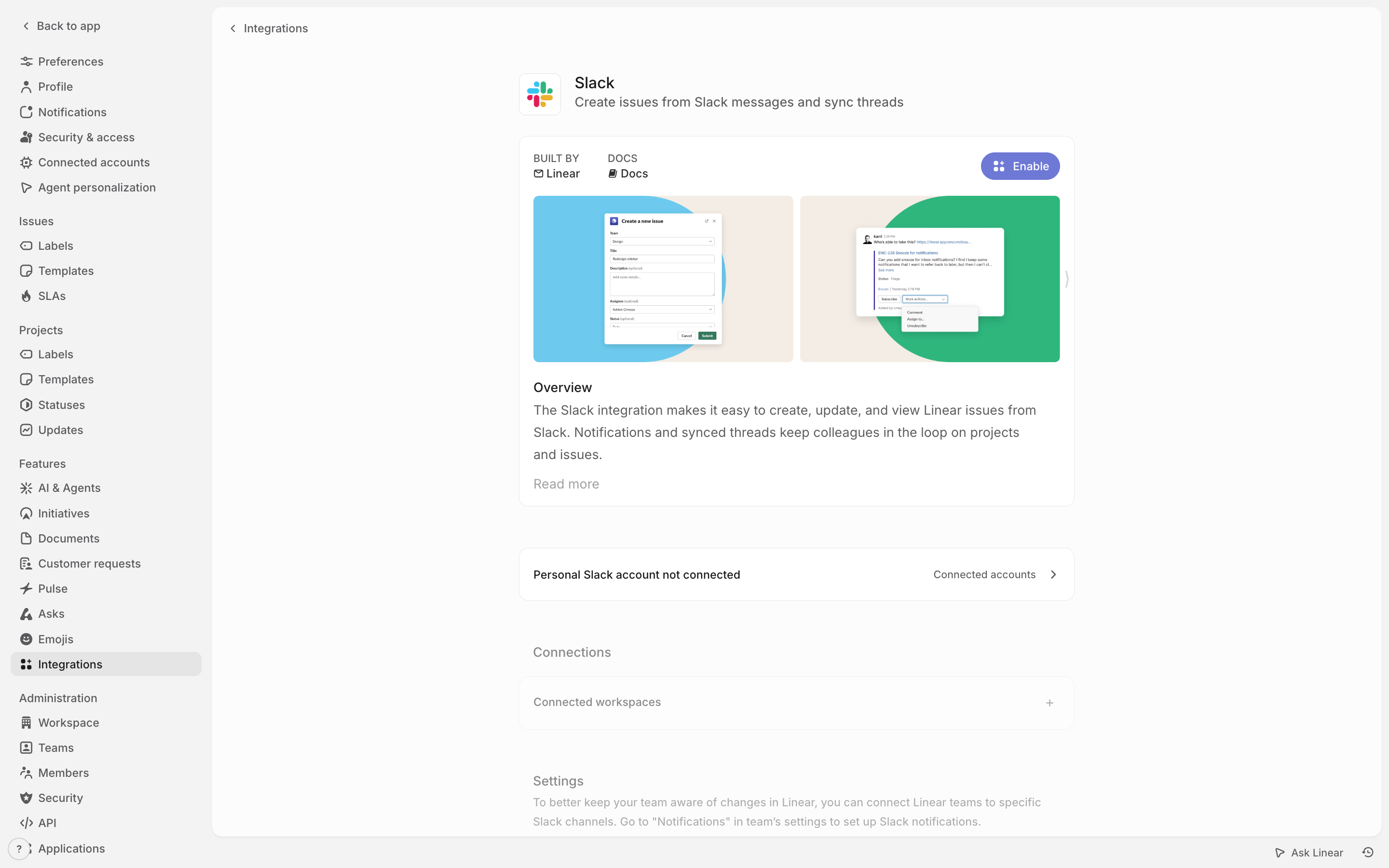 Linear — integration-detail screenshot
