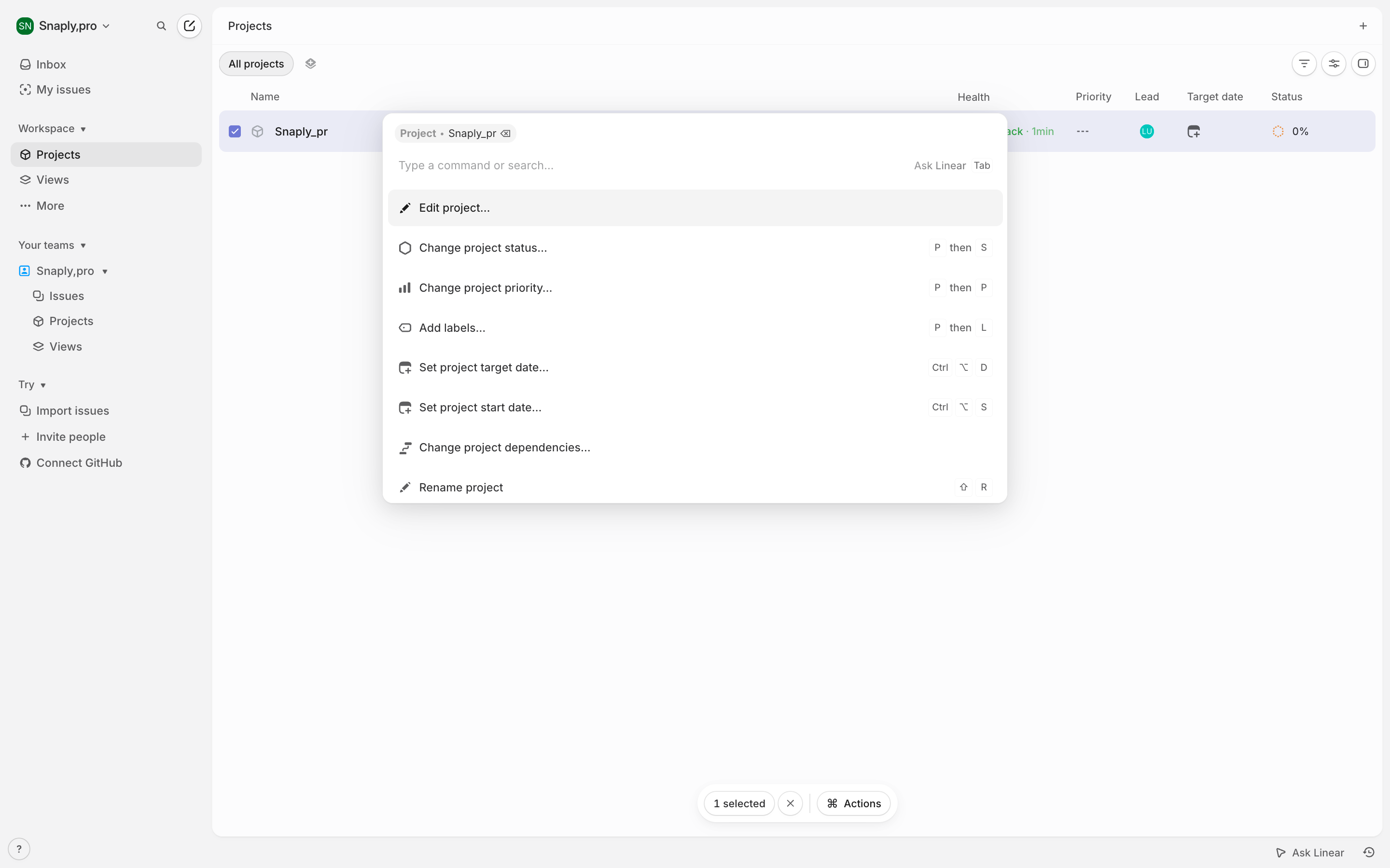 Linear — issue-context-menu screenshot
