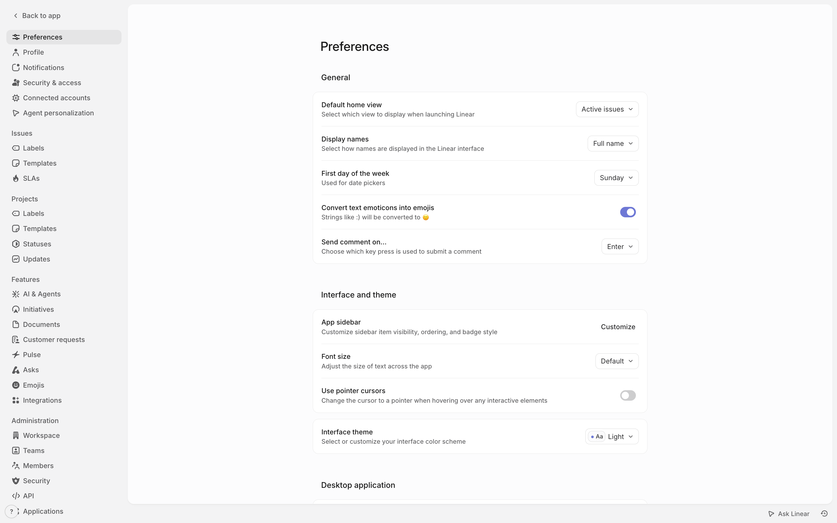 Linear — preferences screenshot