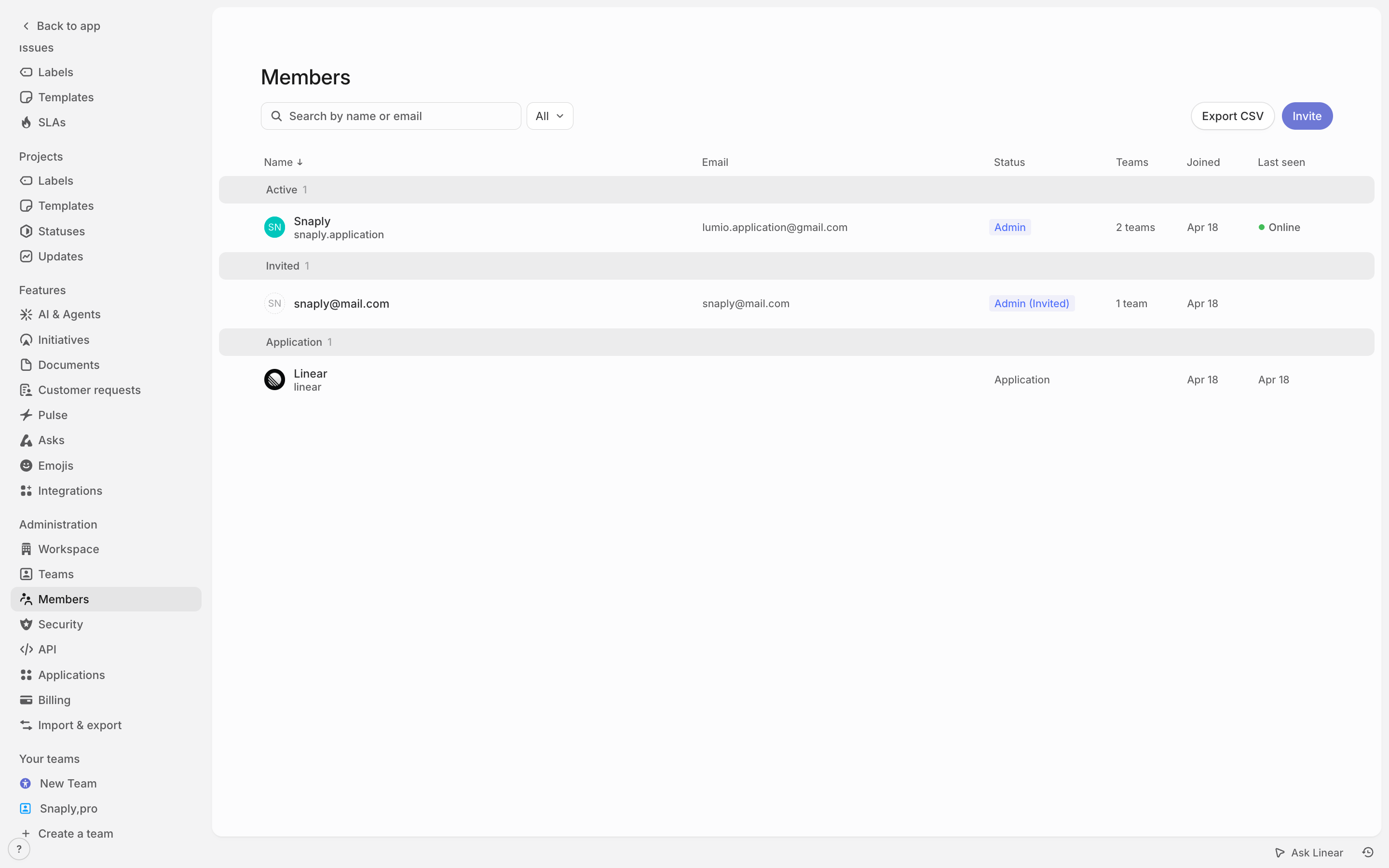 Linear — members-settings screenshot