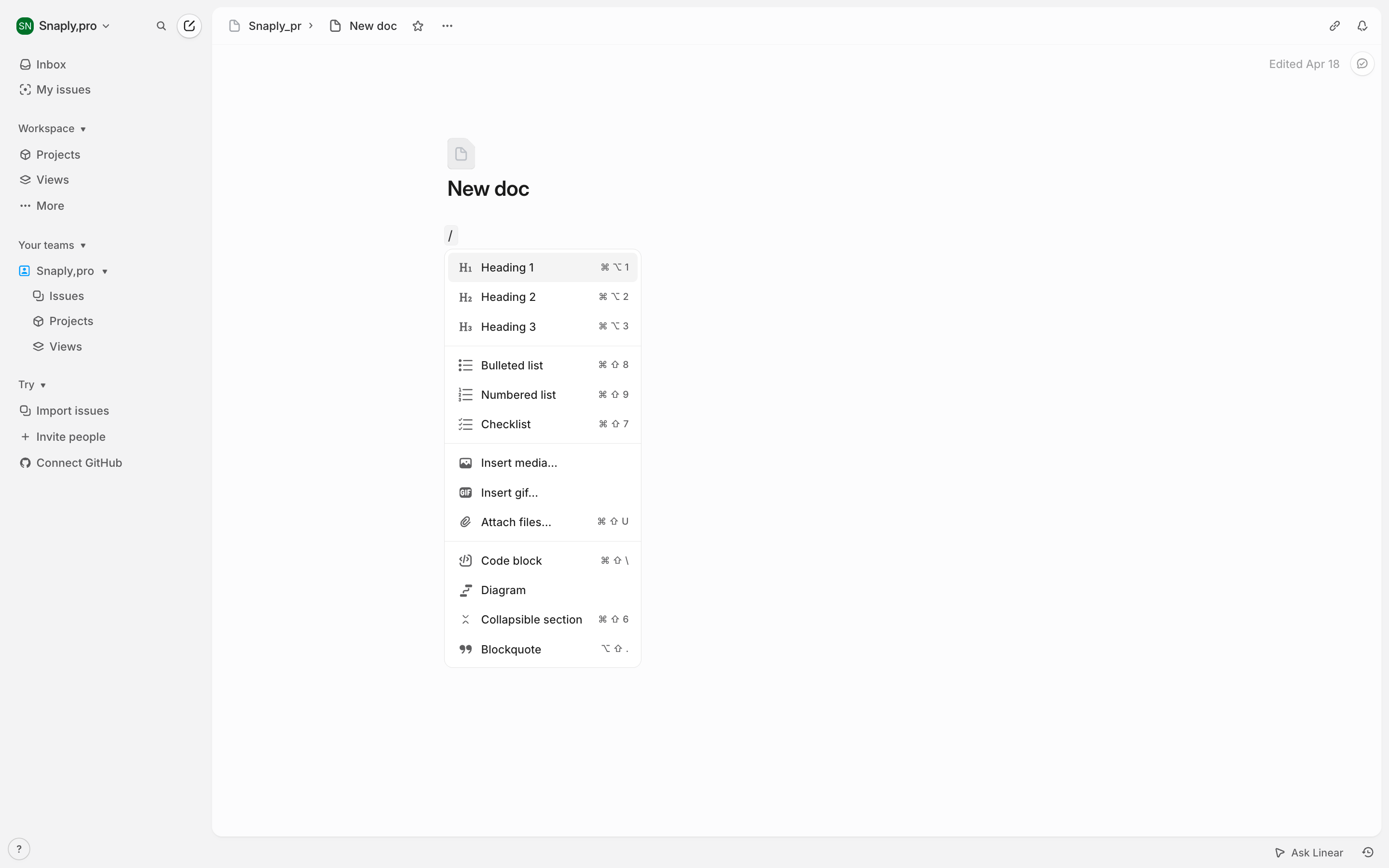 Linear — new-doc-menu screenshot