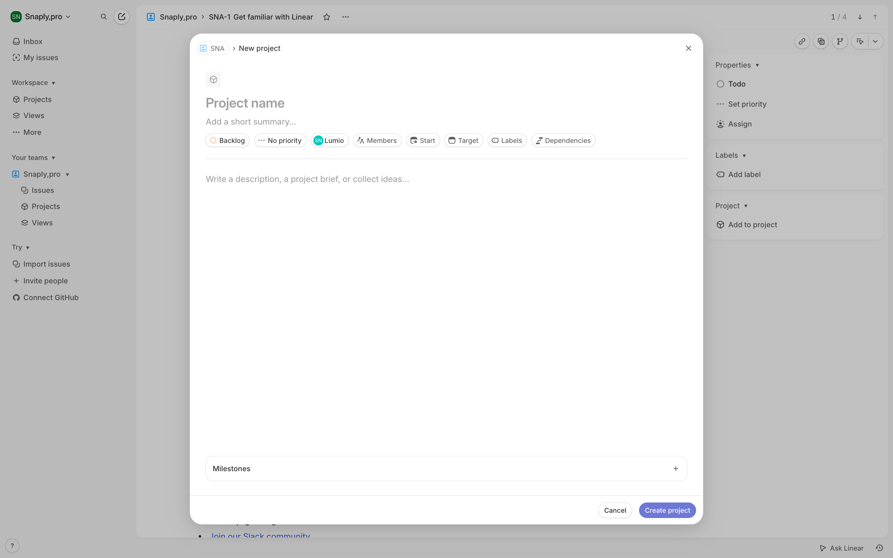 Linear — new-project-dialog screenshot