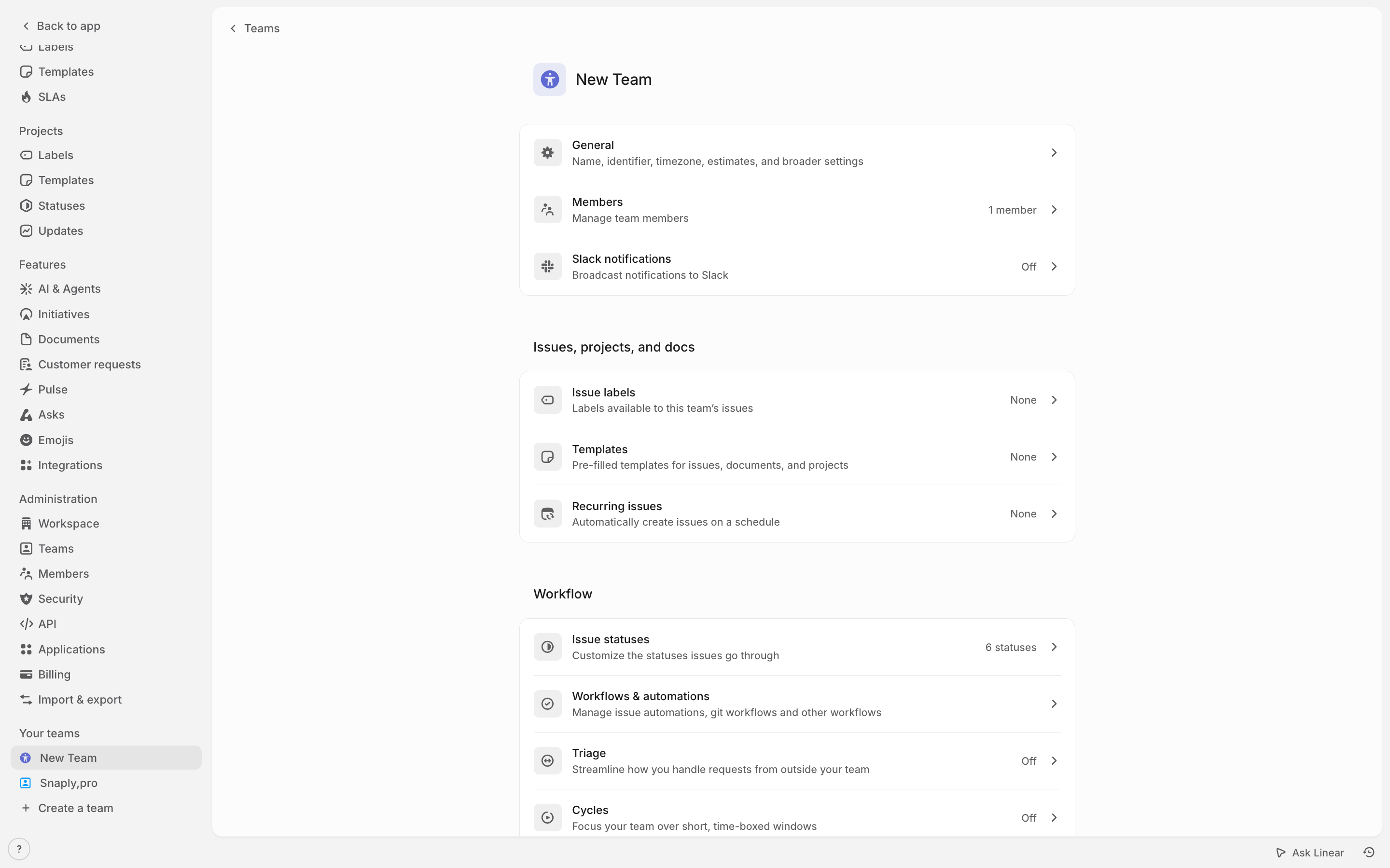 Linear — new-team-settings screenshot