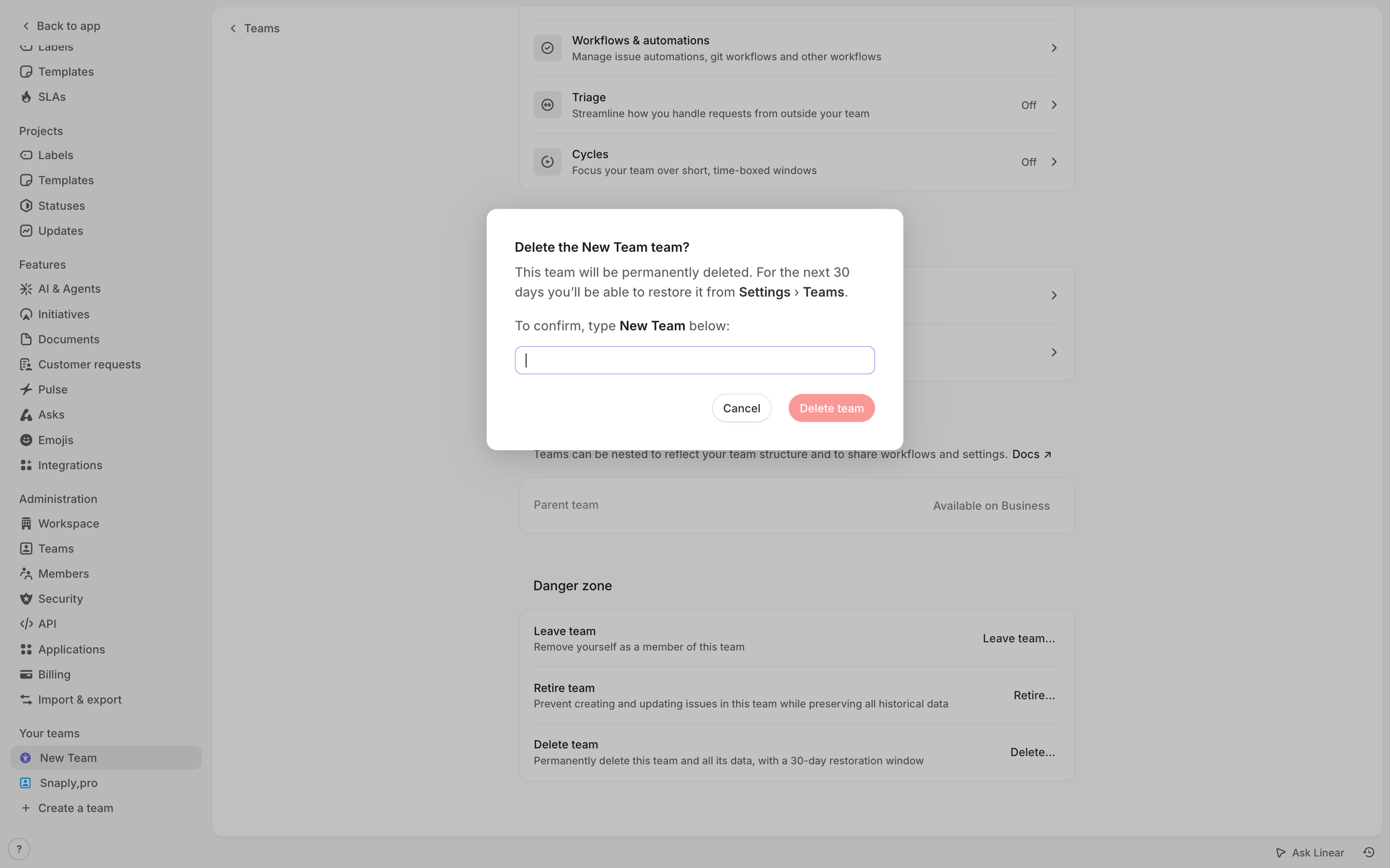 Linear — delete-workspace-dialog screenshot
