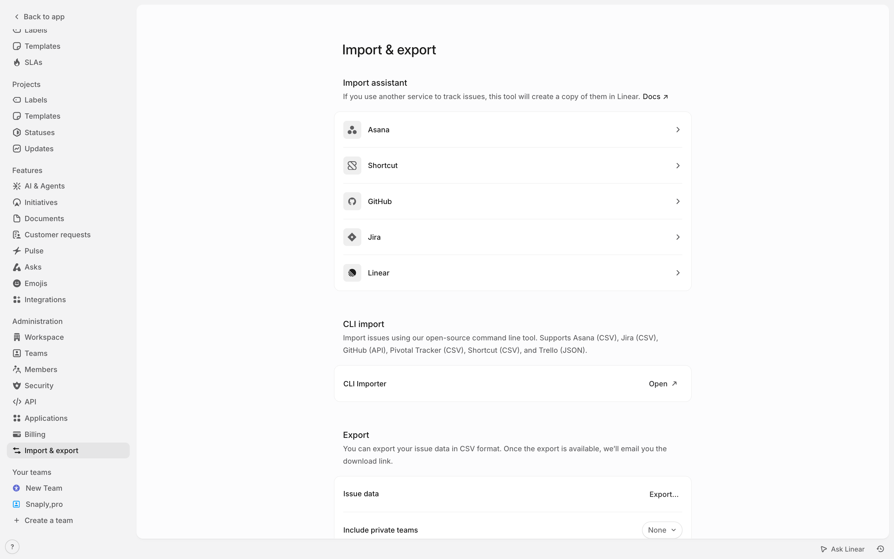 Linear — import-export-settings screenshot