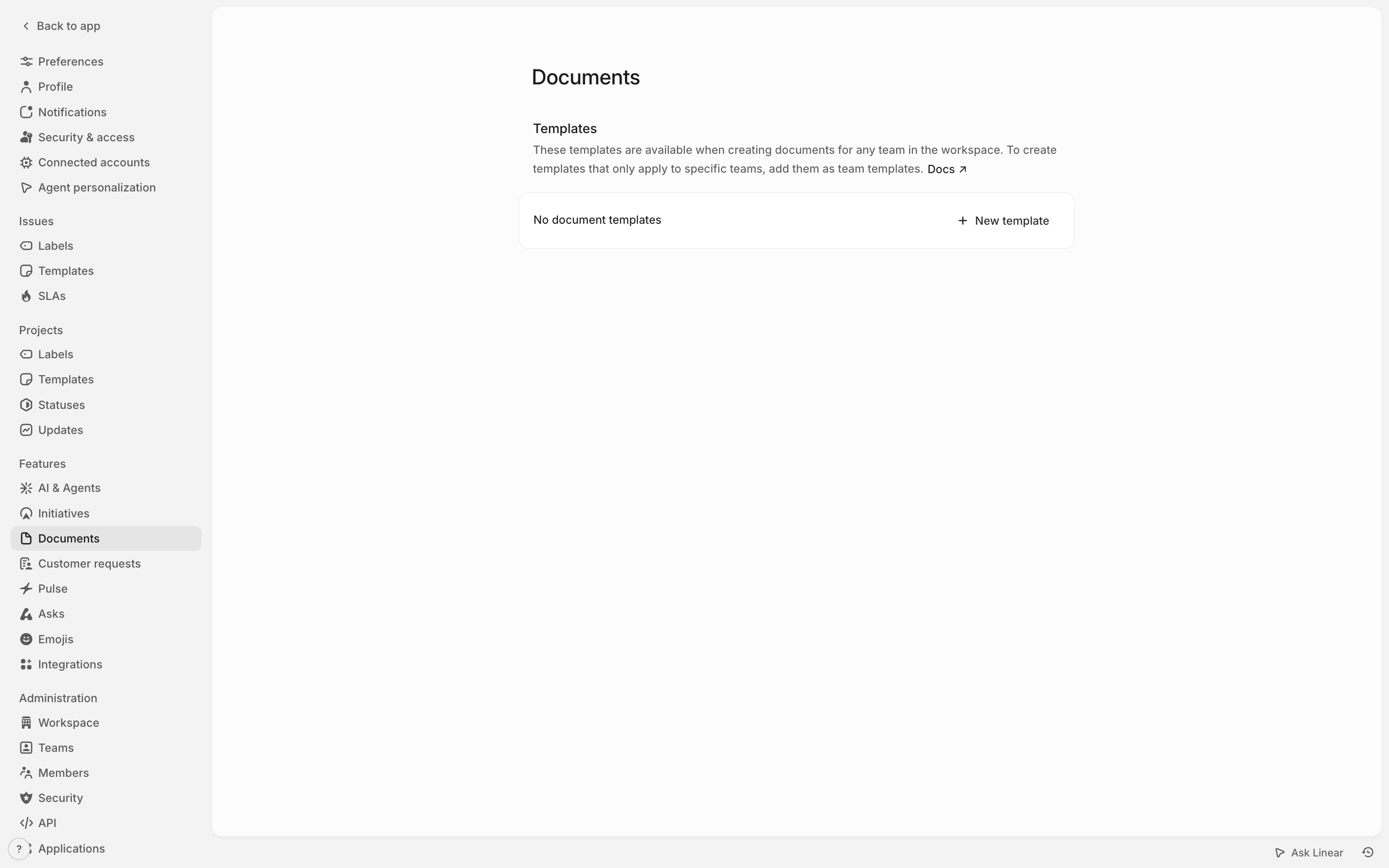Linear — documents-settings screenshot