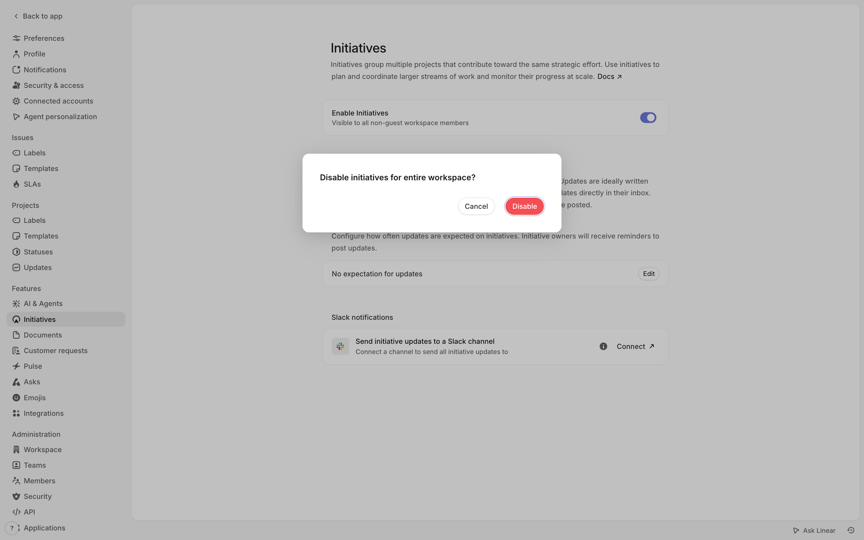 Linear — delete-workspace-dialog screenshot
