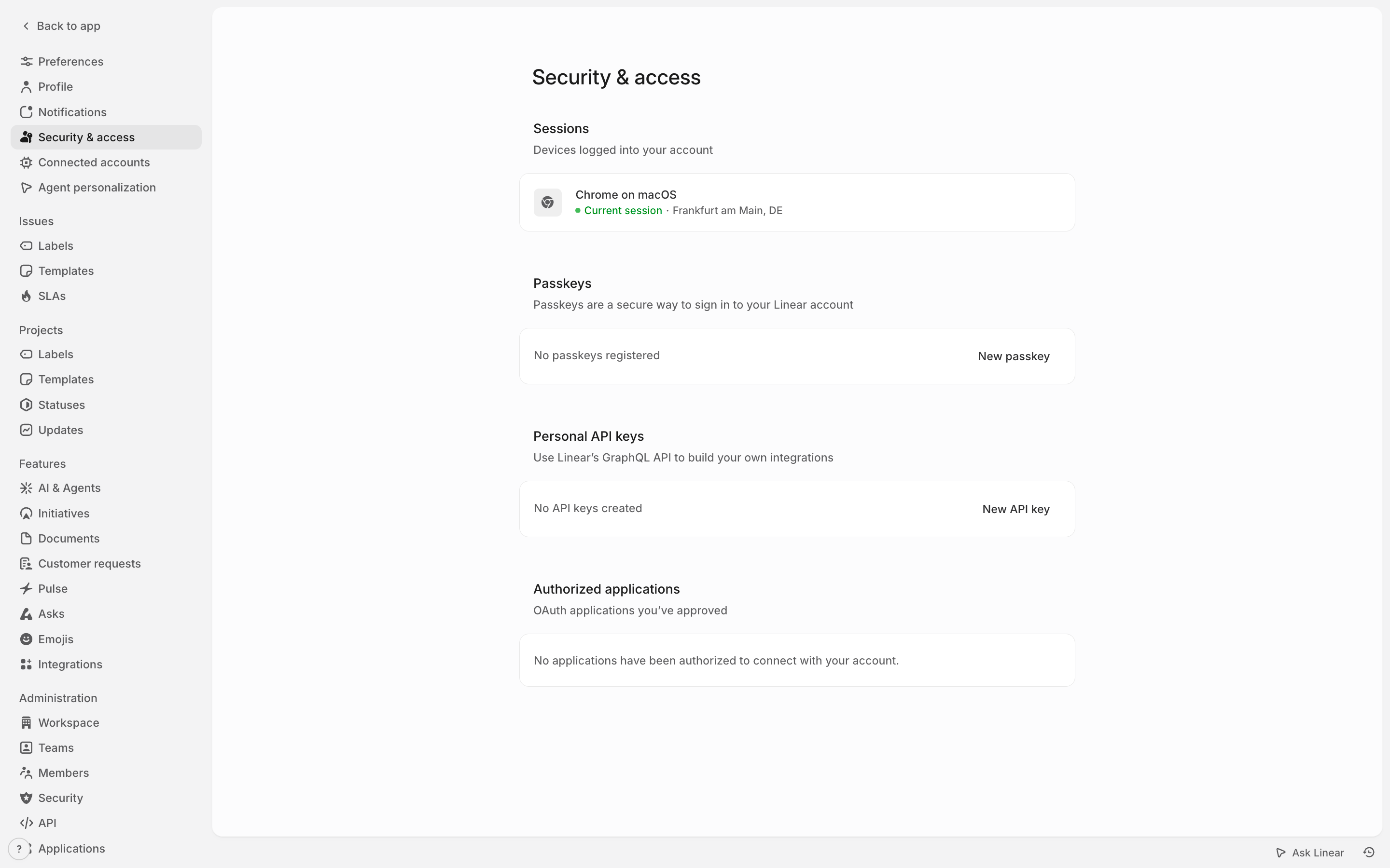 Linear — security-access screenshot