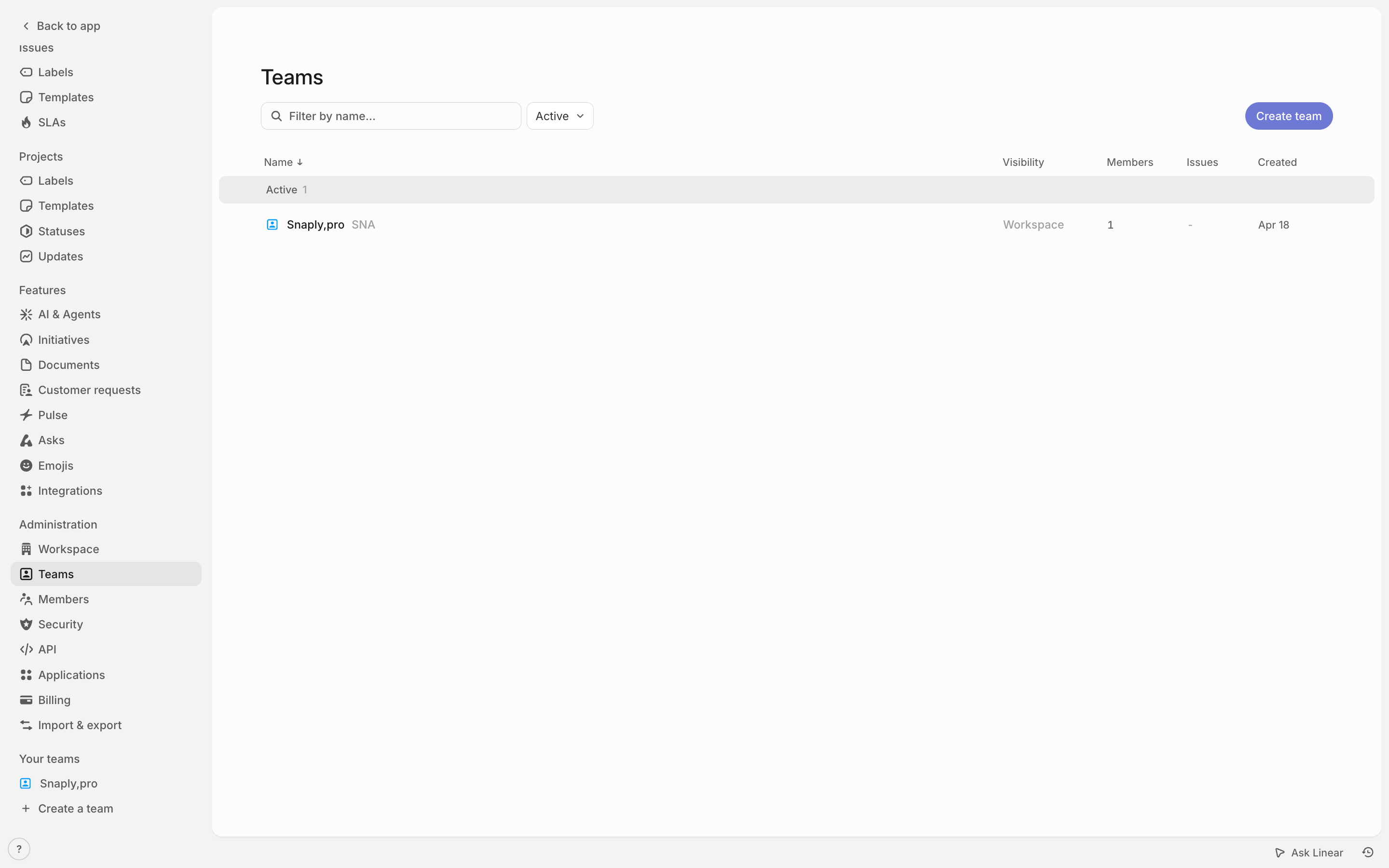 Linear — teams-settings screenshot