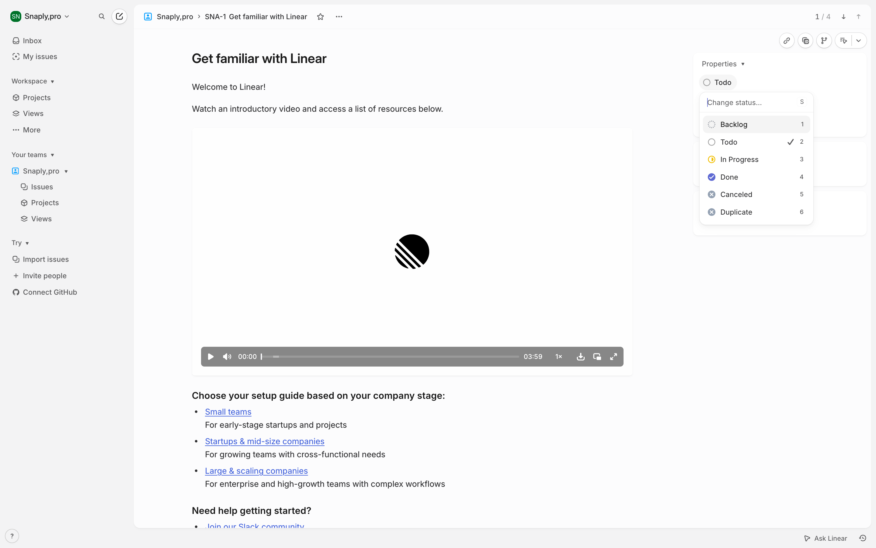 Linear — getting-started-priority-menu screenshot
