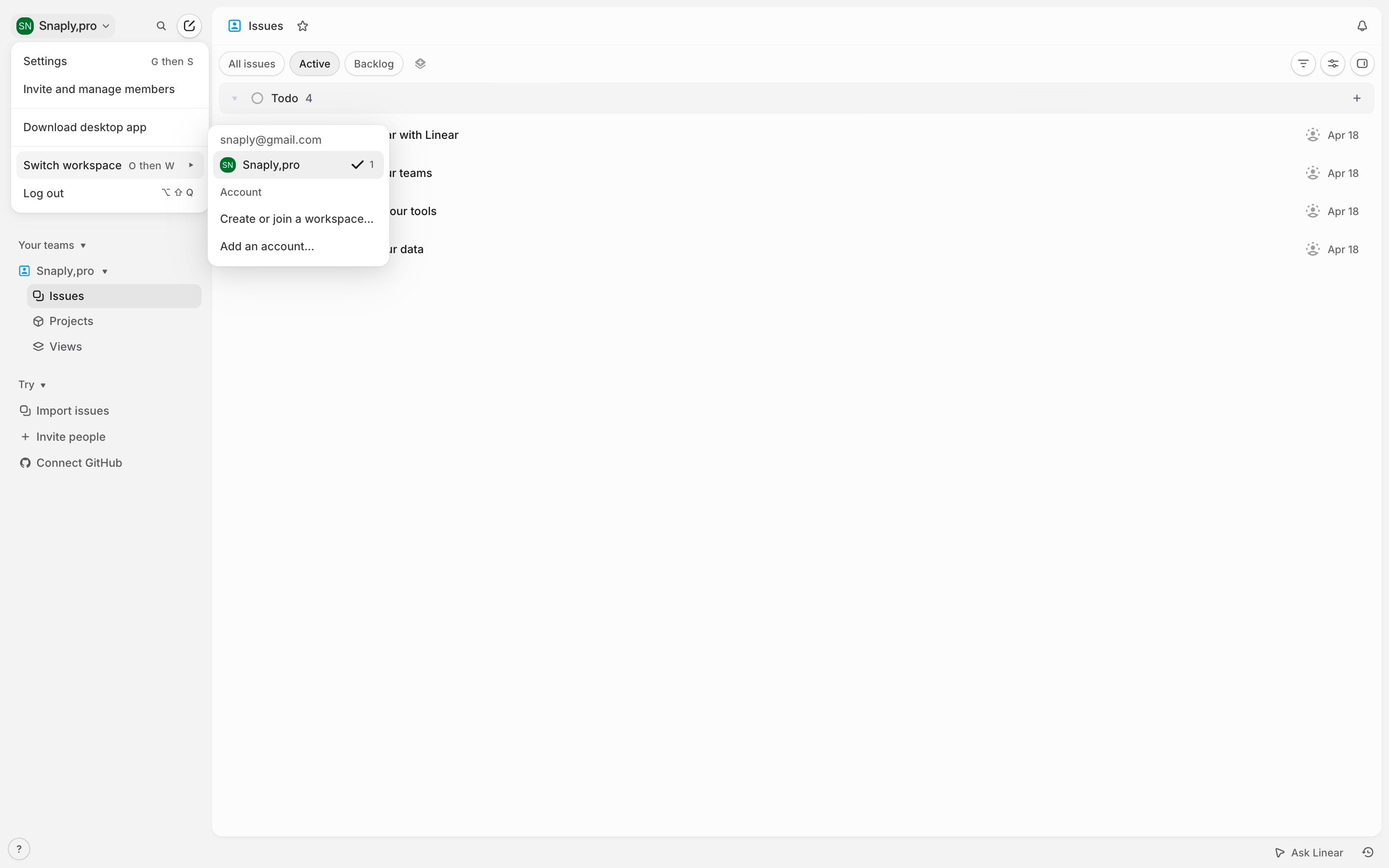 Linear — workspace-context-menu screenshot