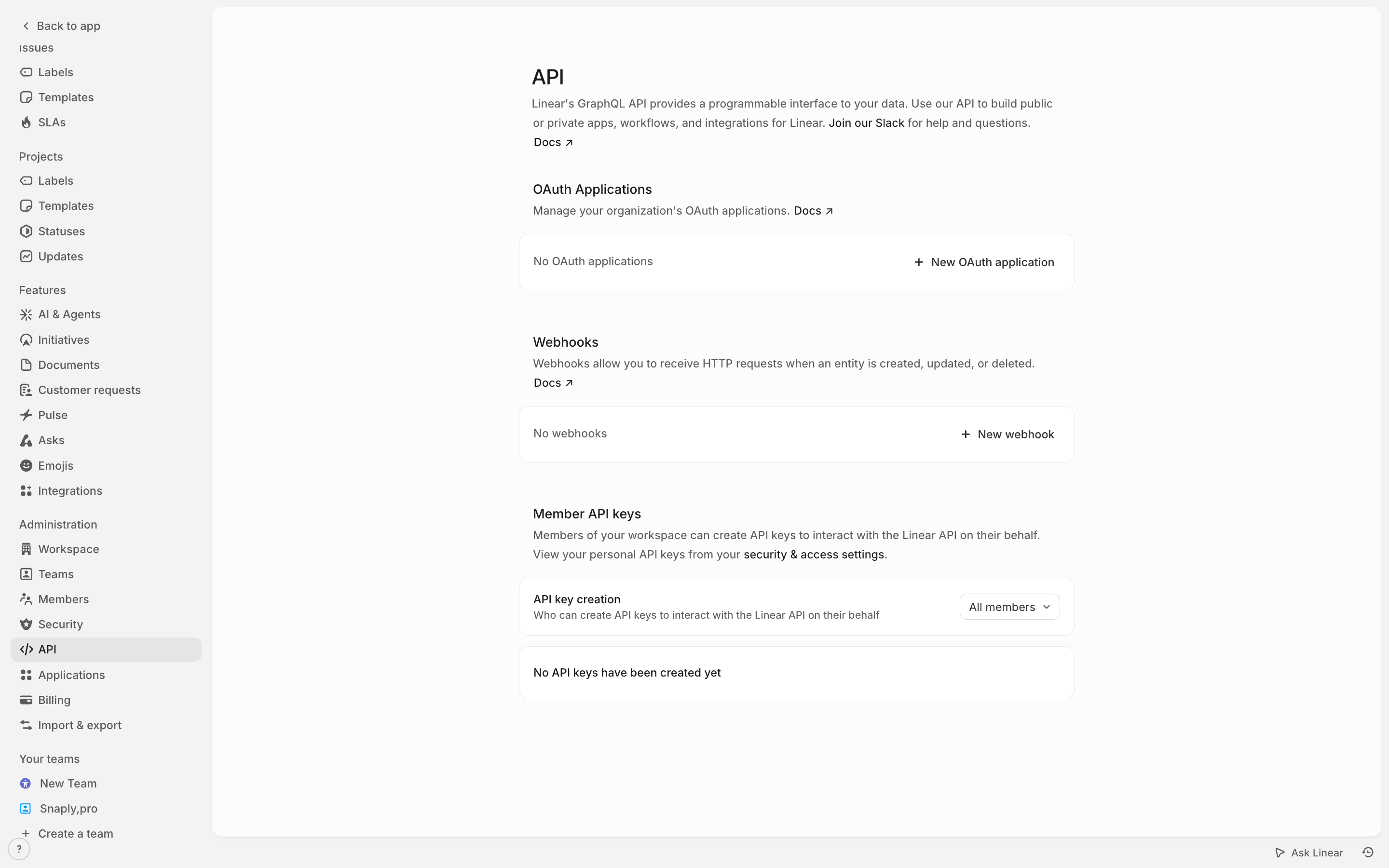 Linear — api-settings screenshot