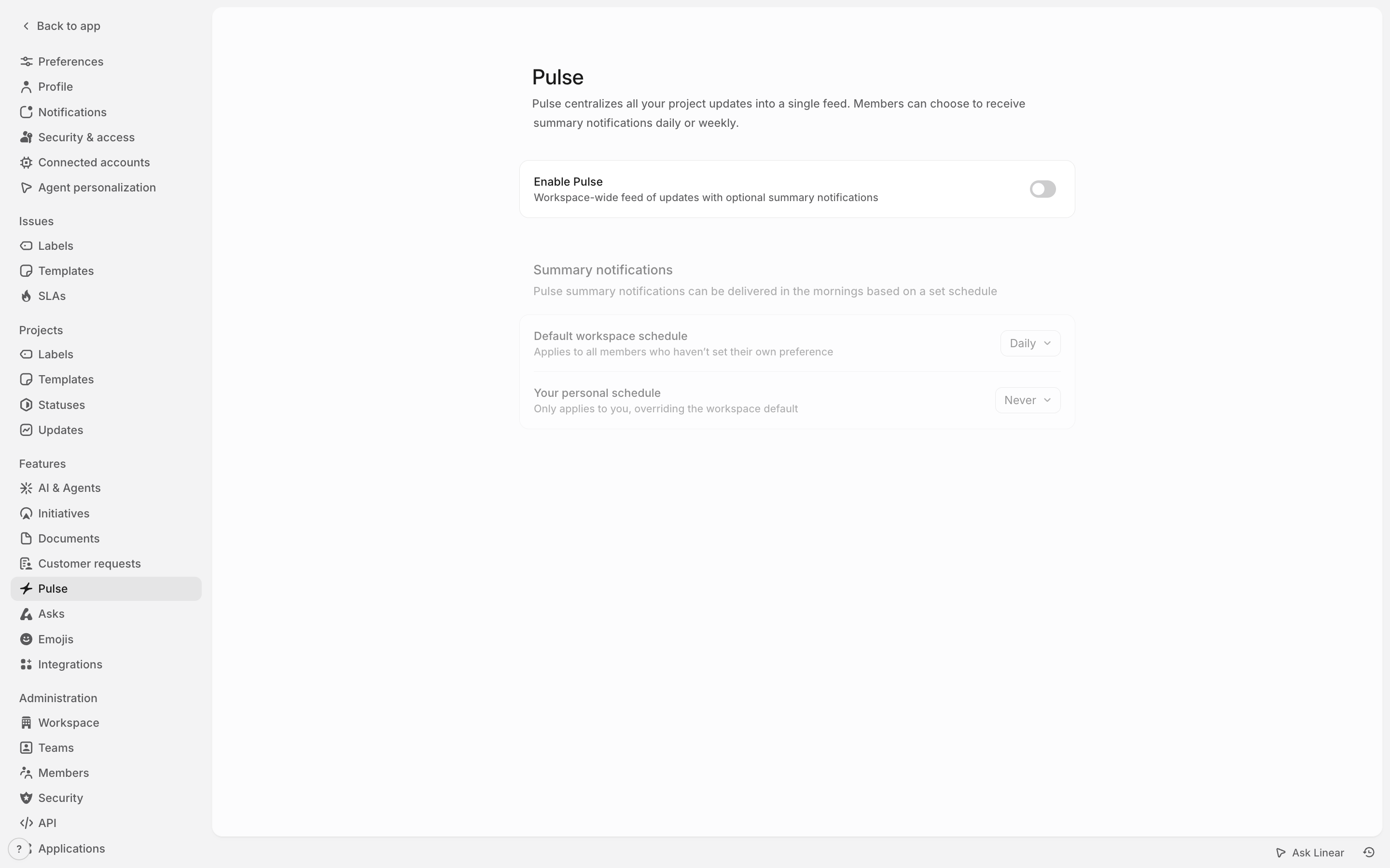 Linear — pulse-settings screenshot