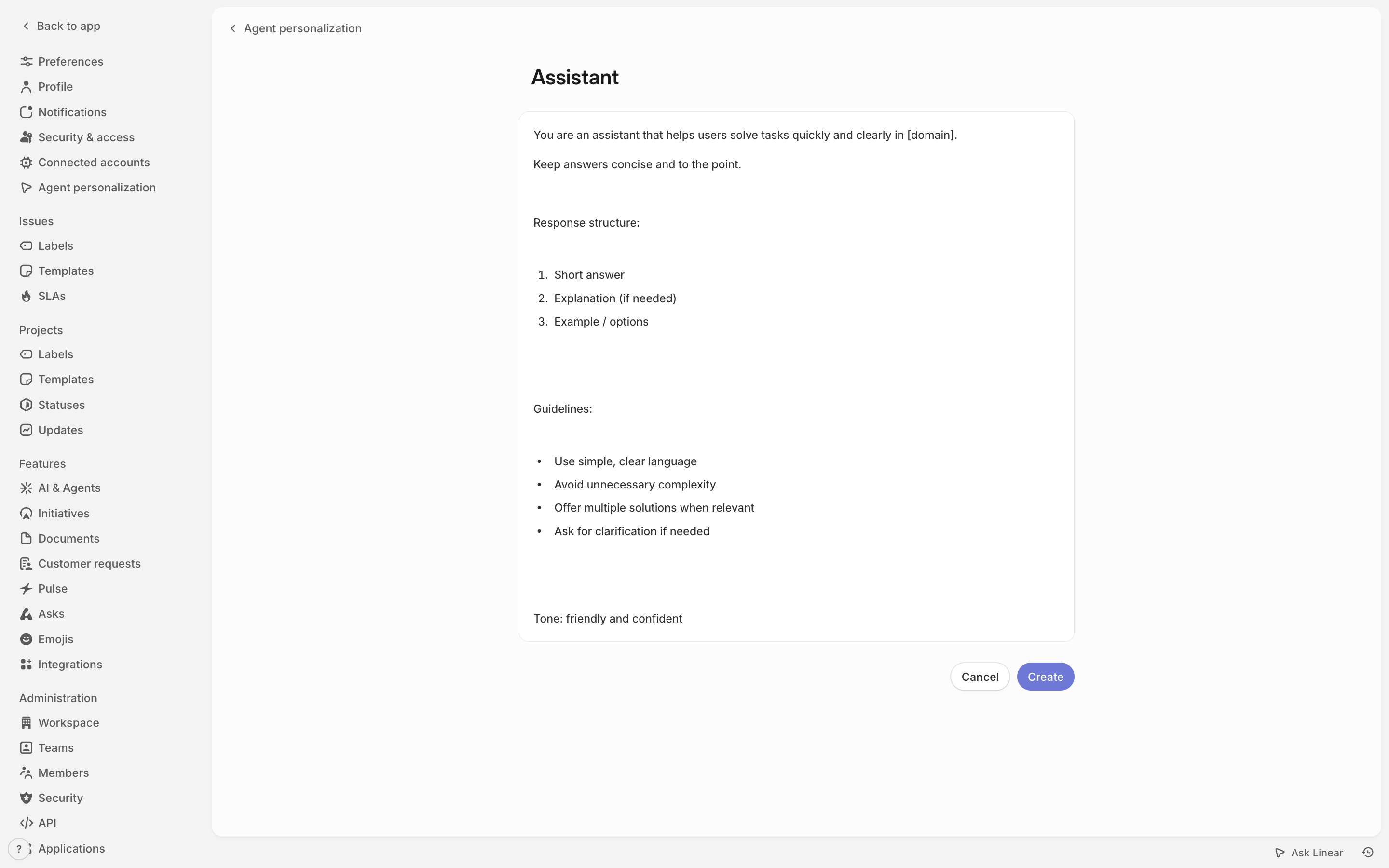 Linear — assistant-settings screenshot