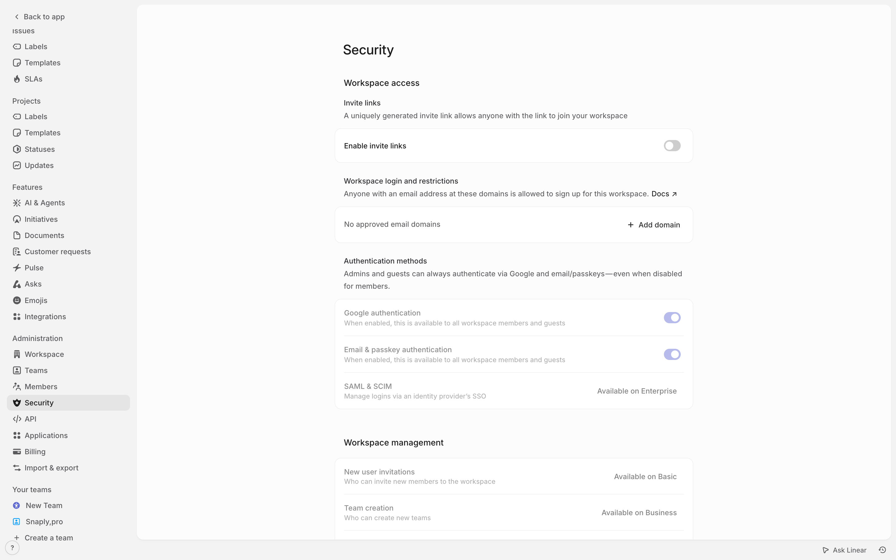 Linear — security-settings screenshot
