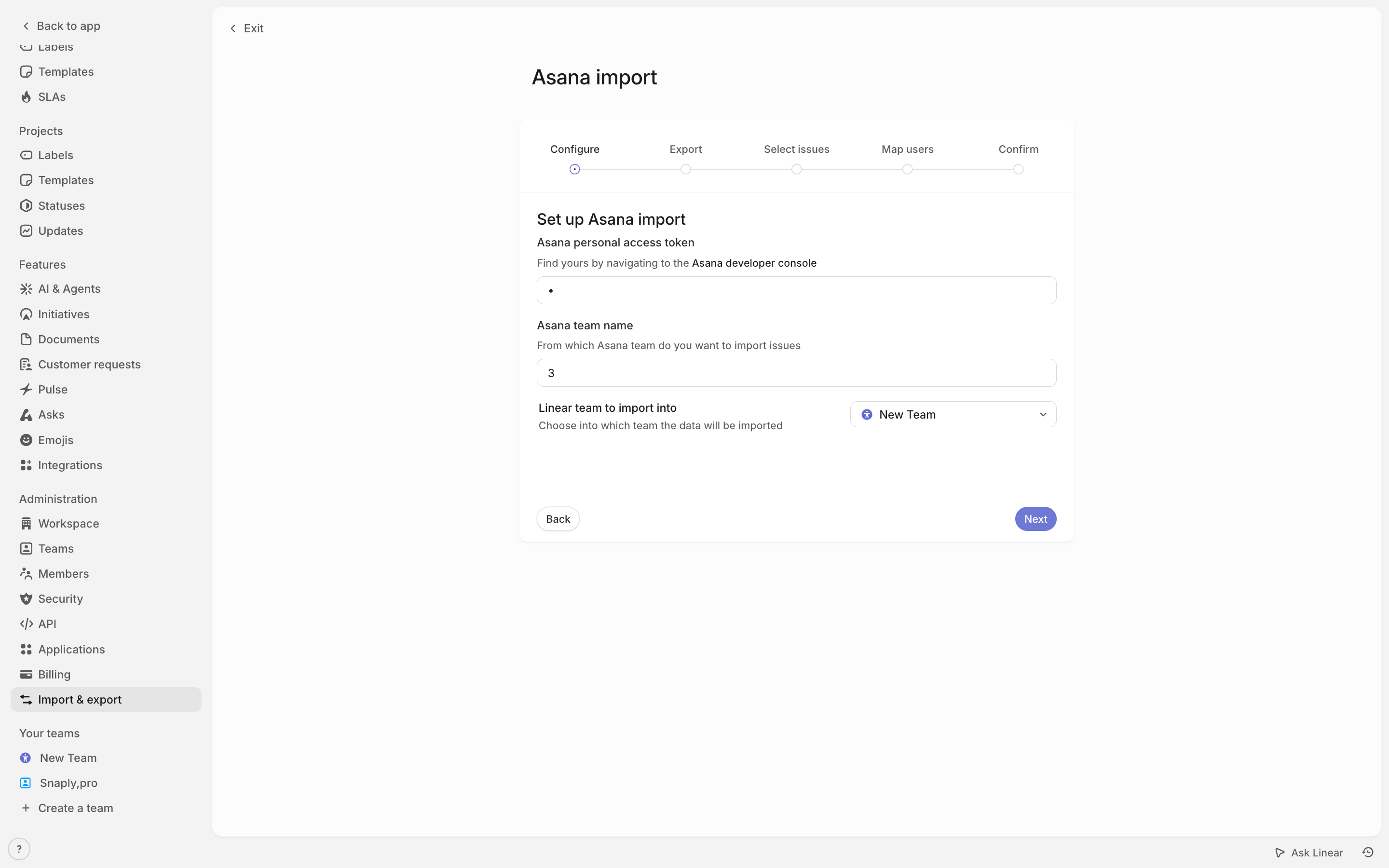 Linear — asana-import-setup screenshot