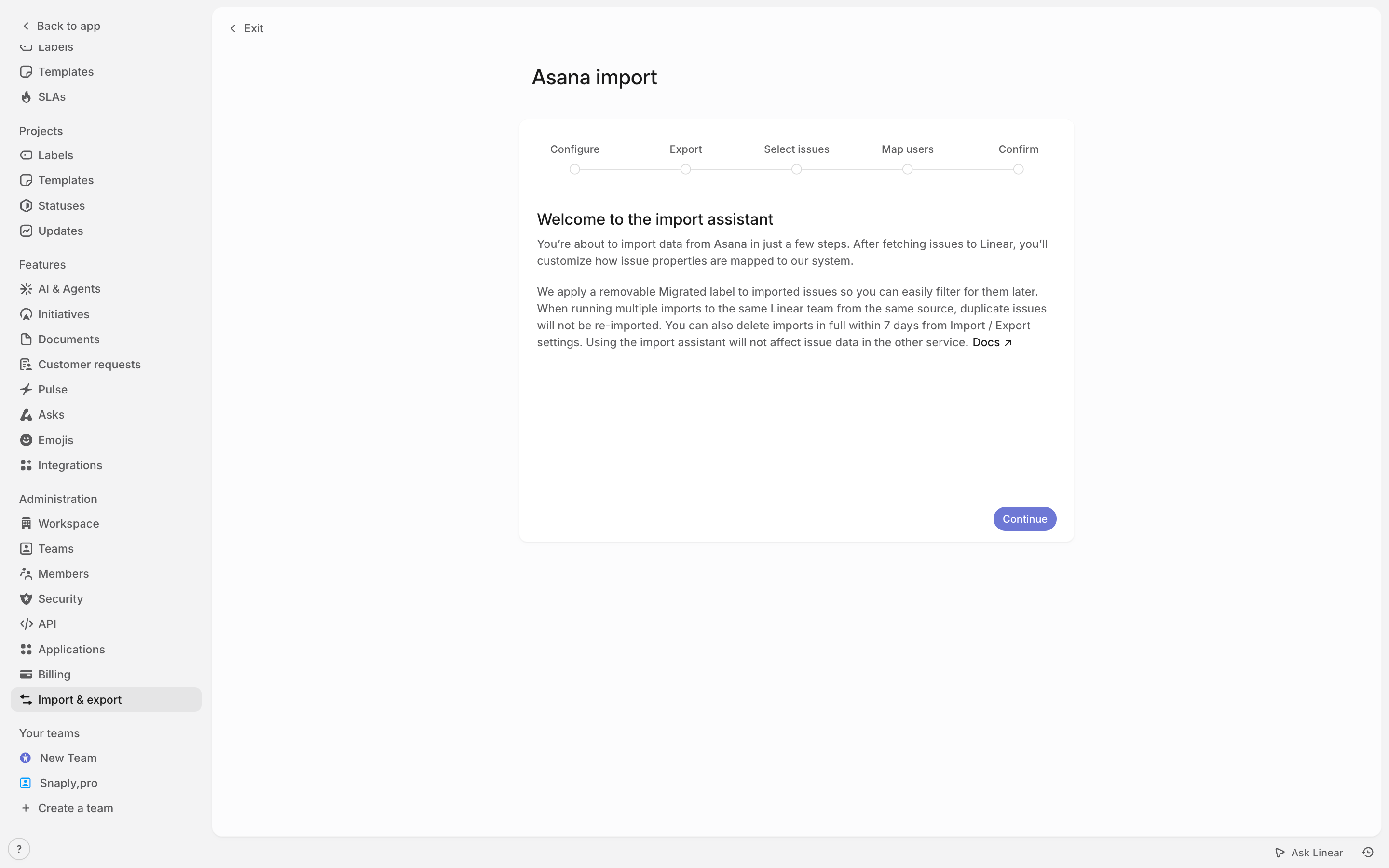 Linear — asana-import-welcome screenshot