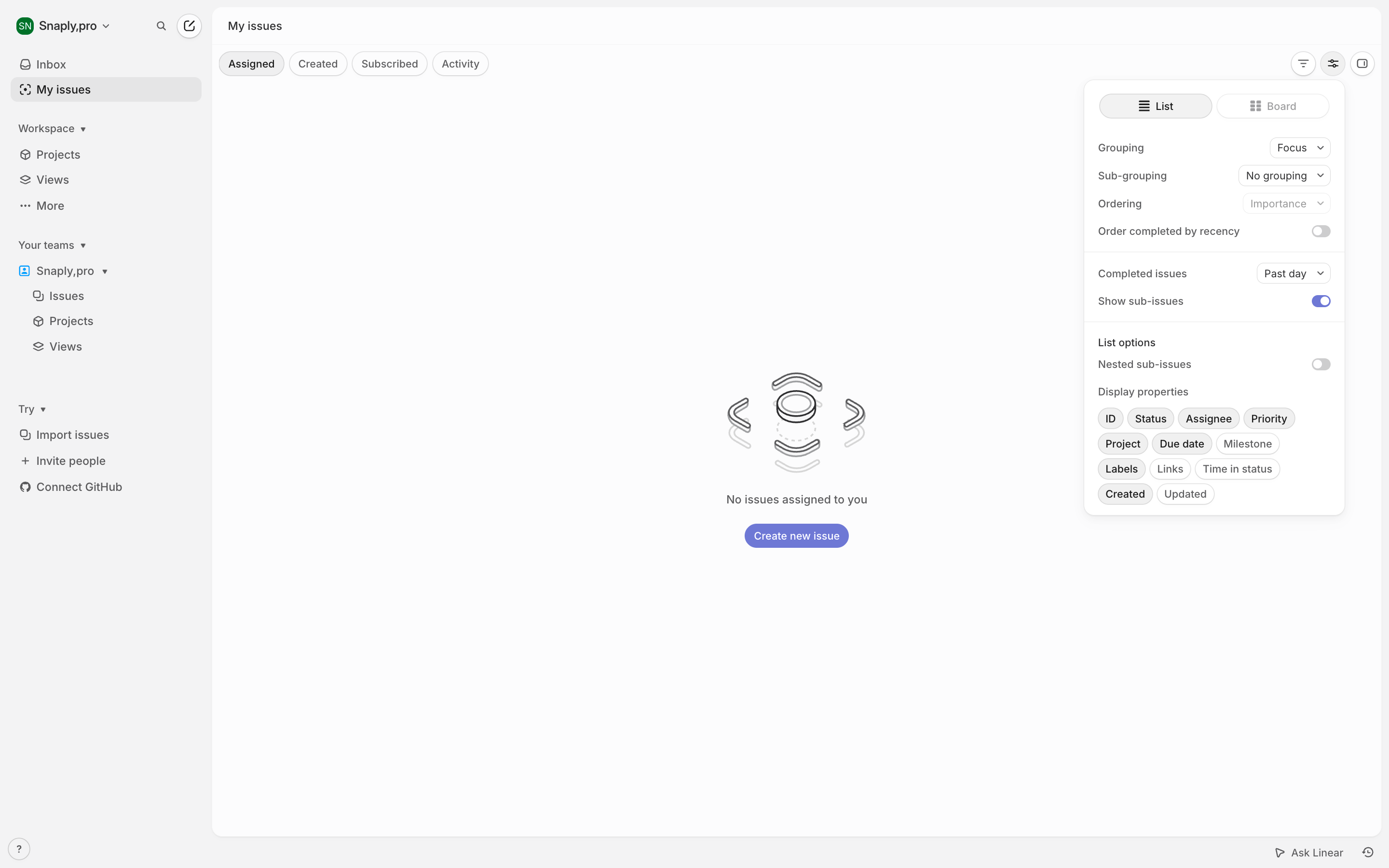 Linear — view-menu screenshot