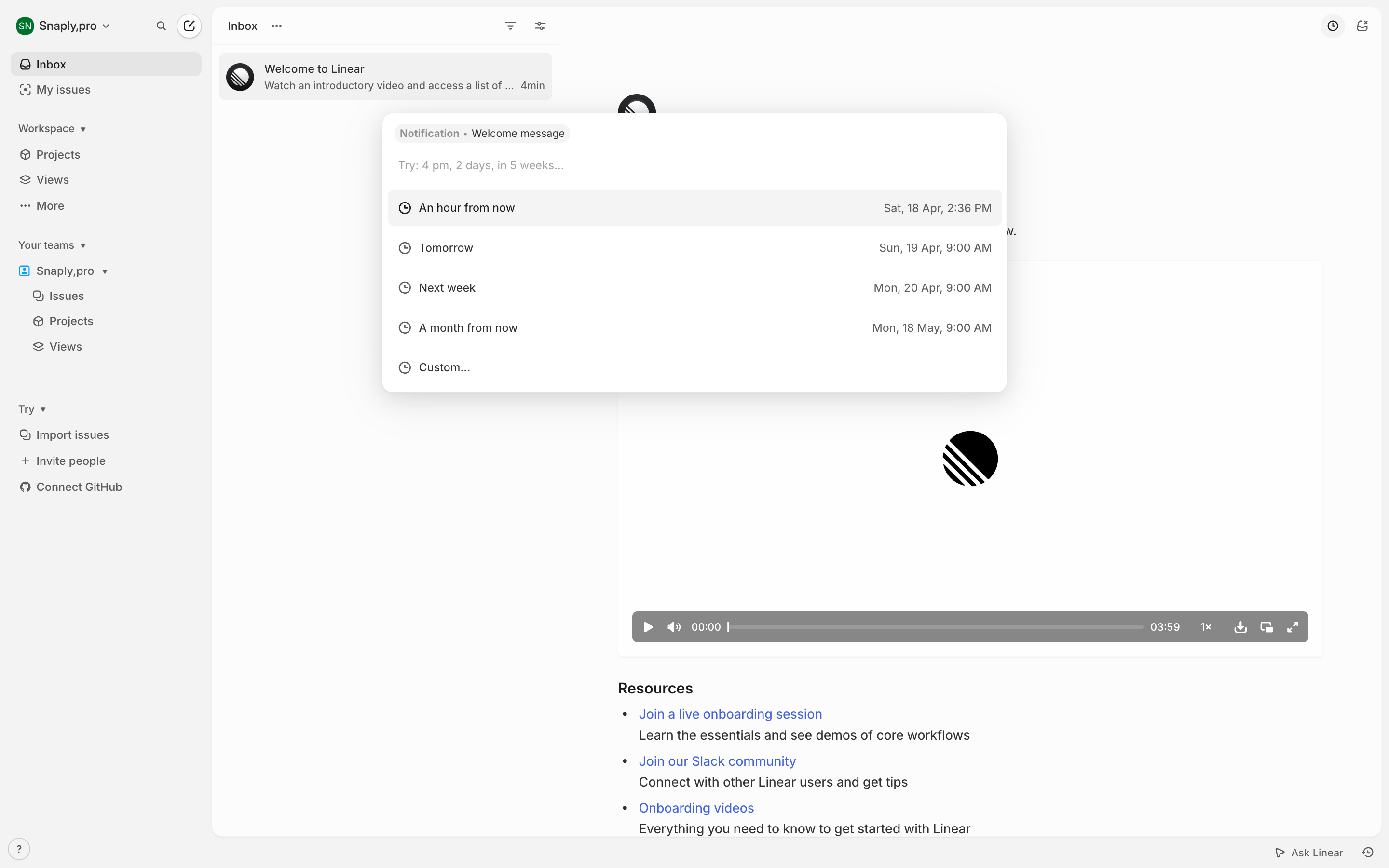 Linear — welcome-video-resources-menu screenshot