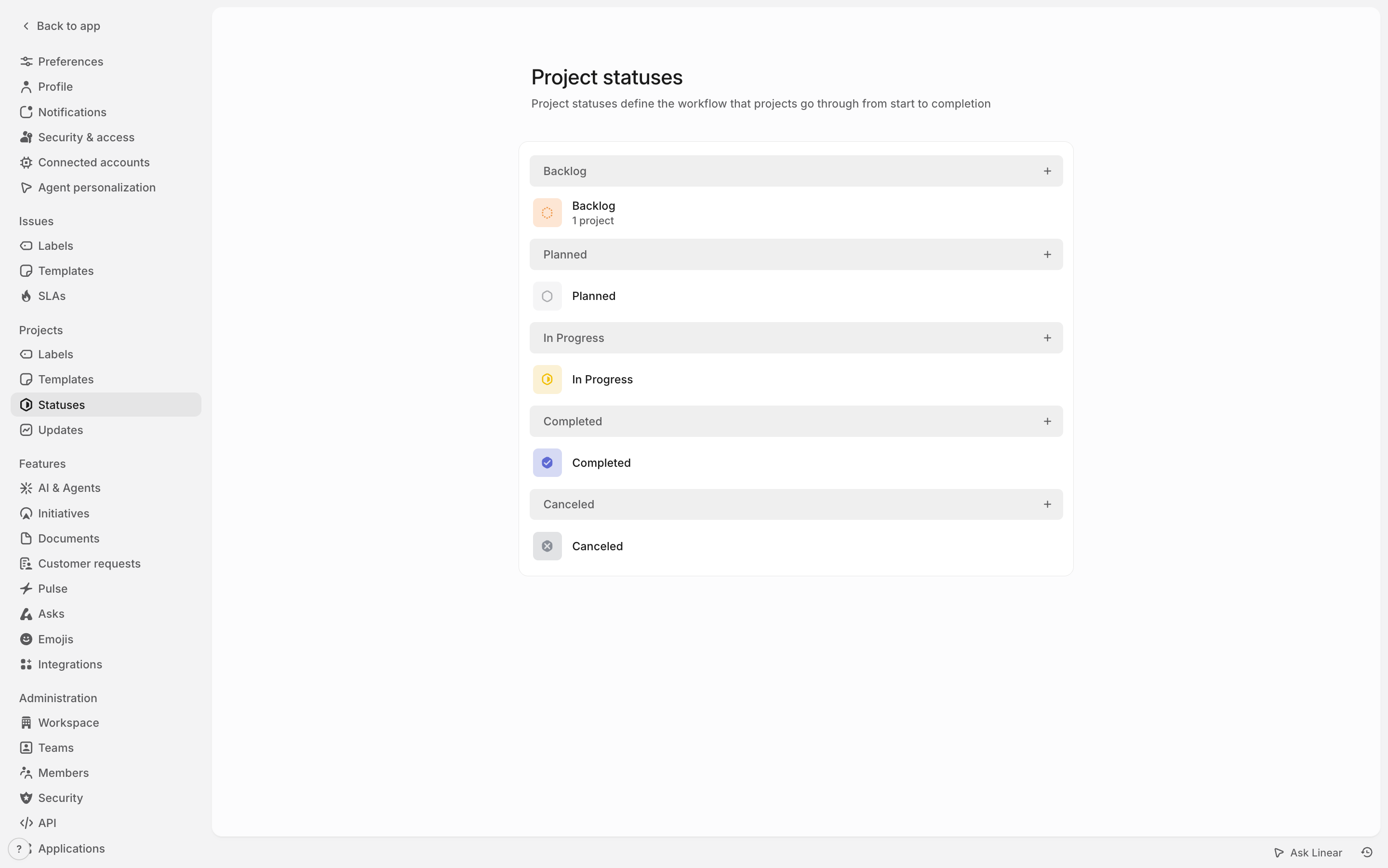 Linear — project-statuses screenshot