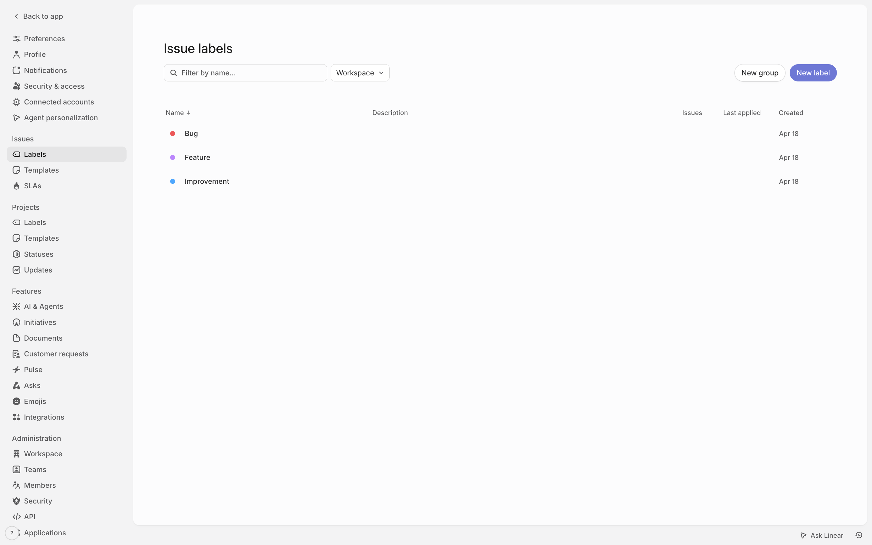Linear — issue-labels screenshot