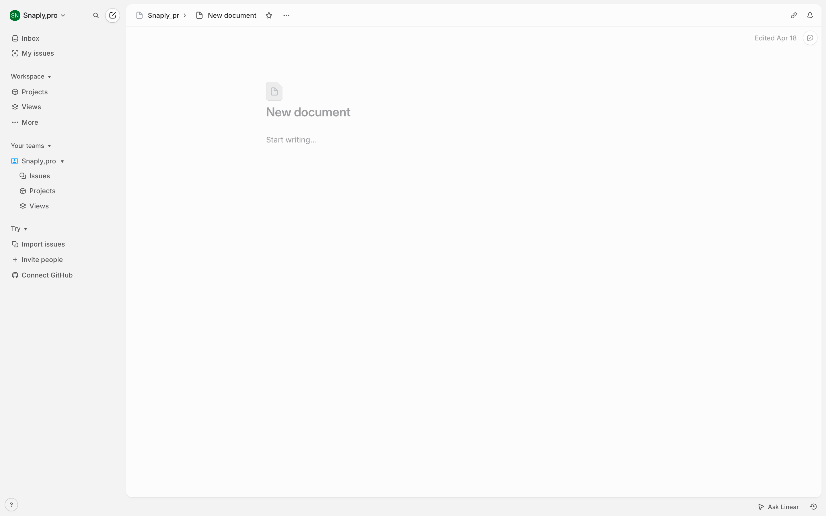 Linear — new-document-empty screenshot