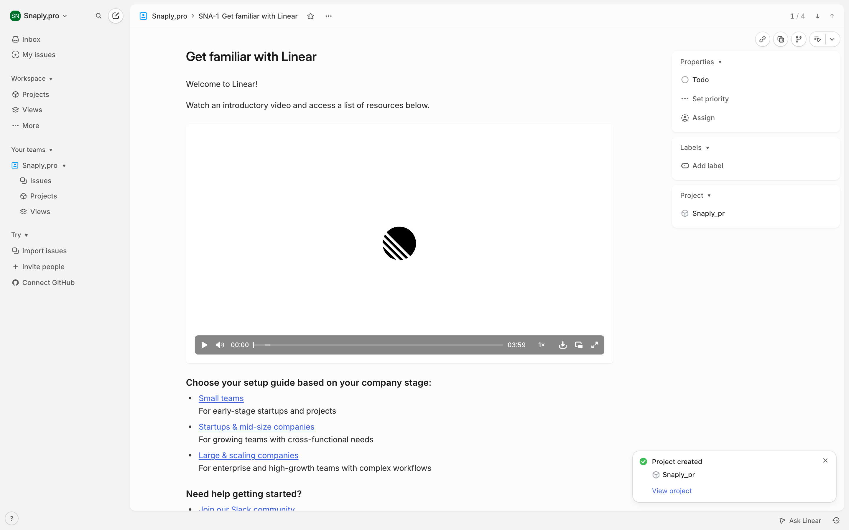 Linear — get-started-toast screenshot
