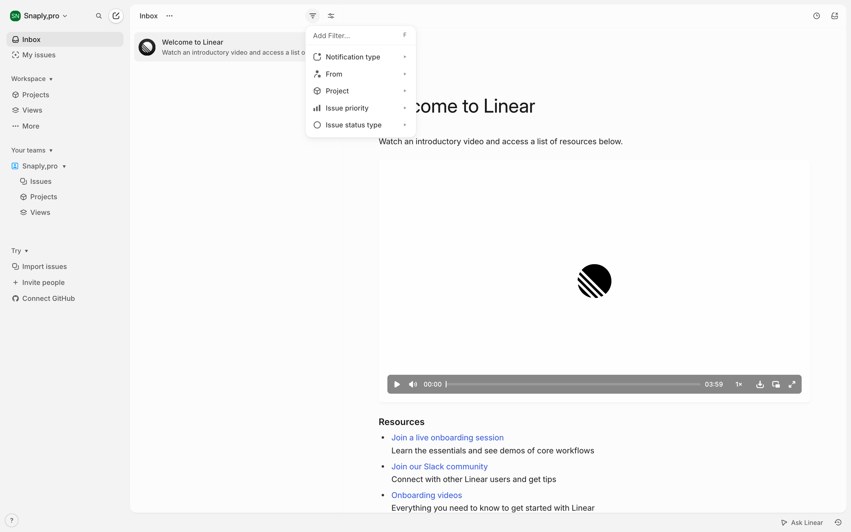 Linear — welcome-video-menu screenshot