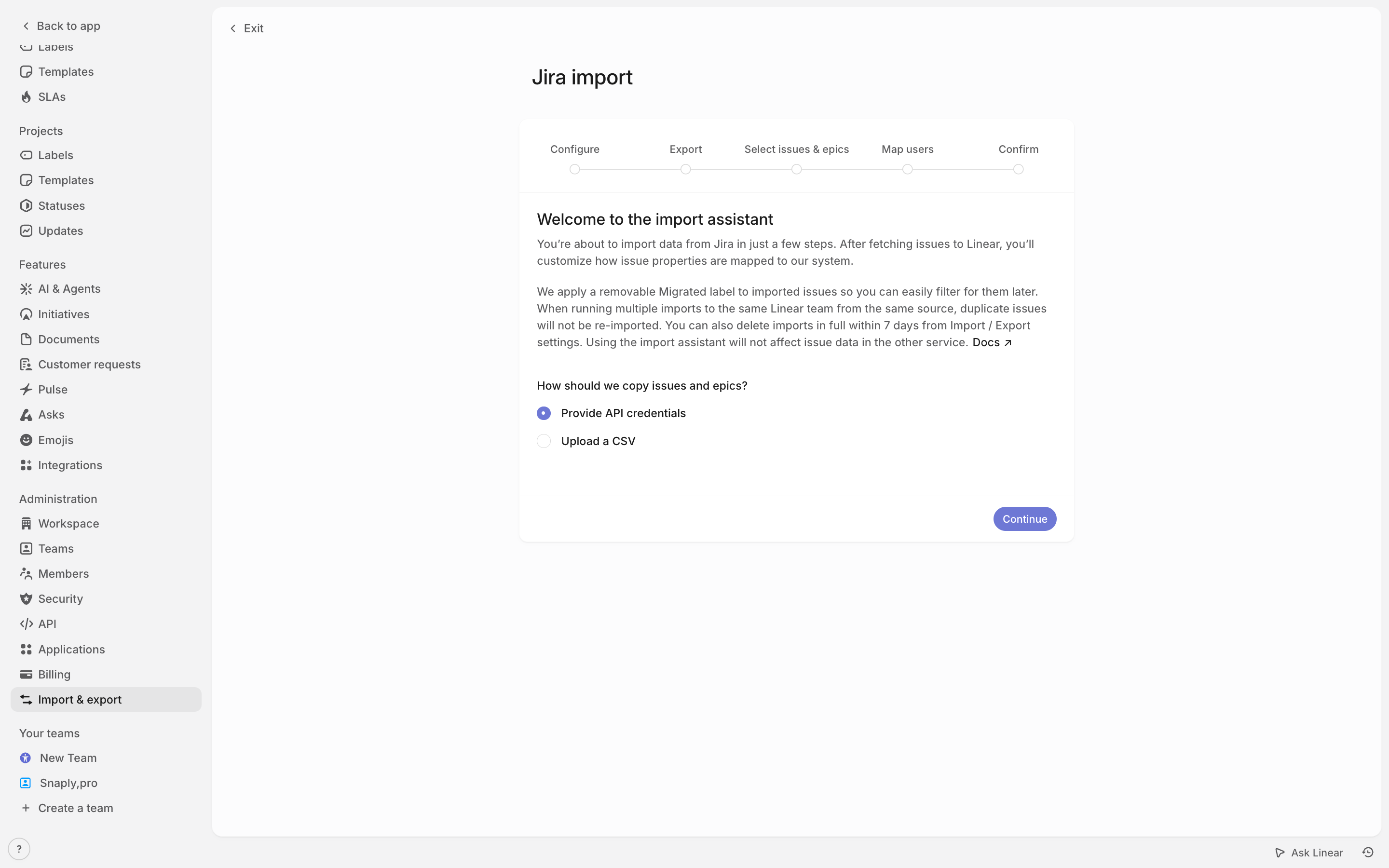 Linear — jira-import-welcome screenshot