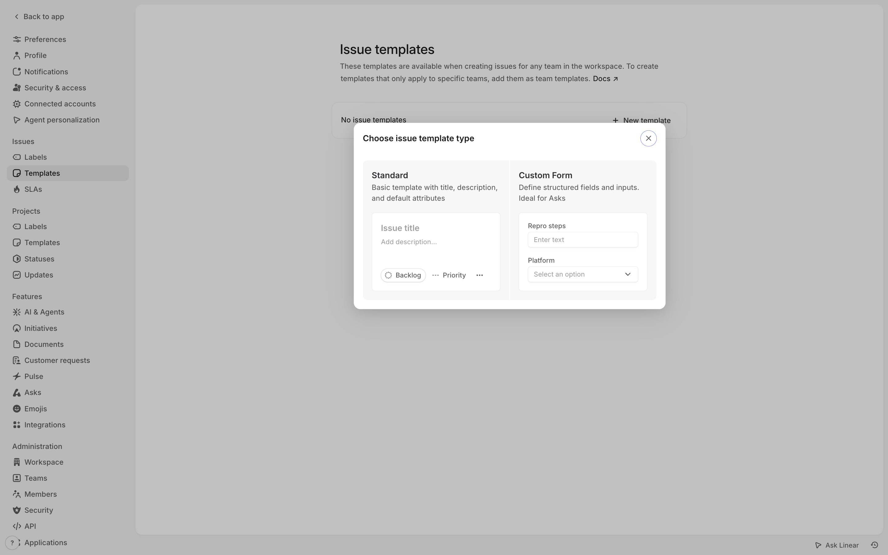 Linear — template-dialog screenshot