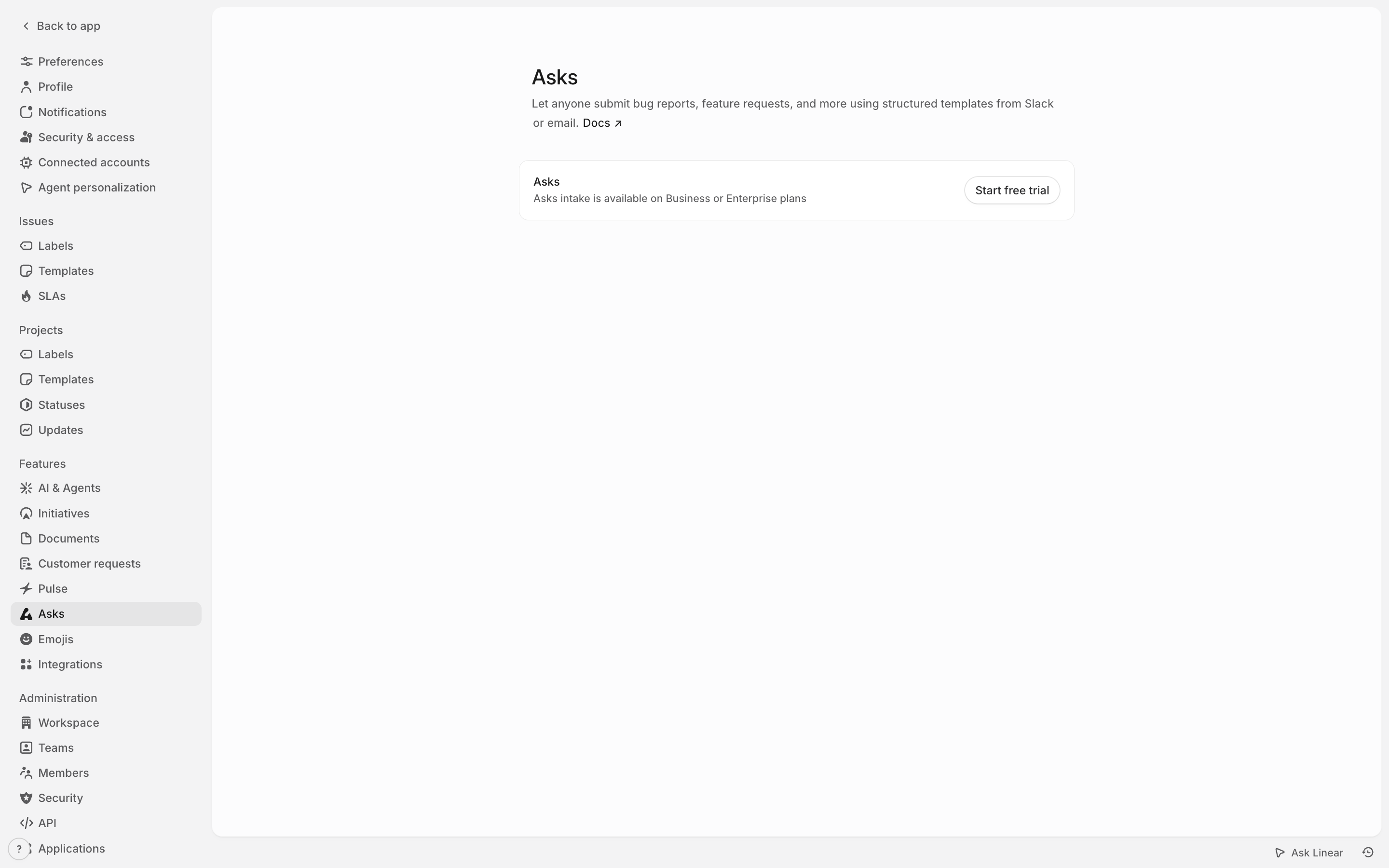 Linear — asks-settings screenshot