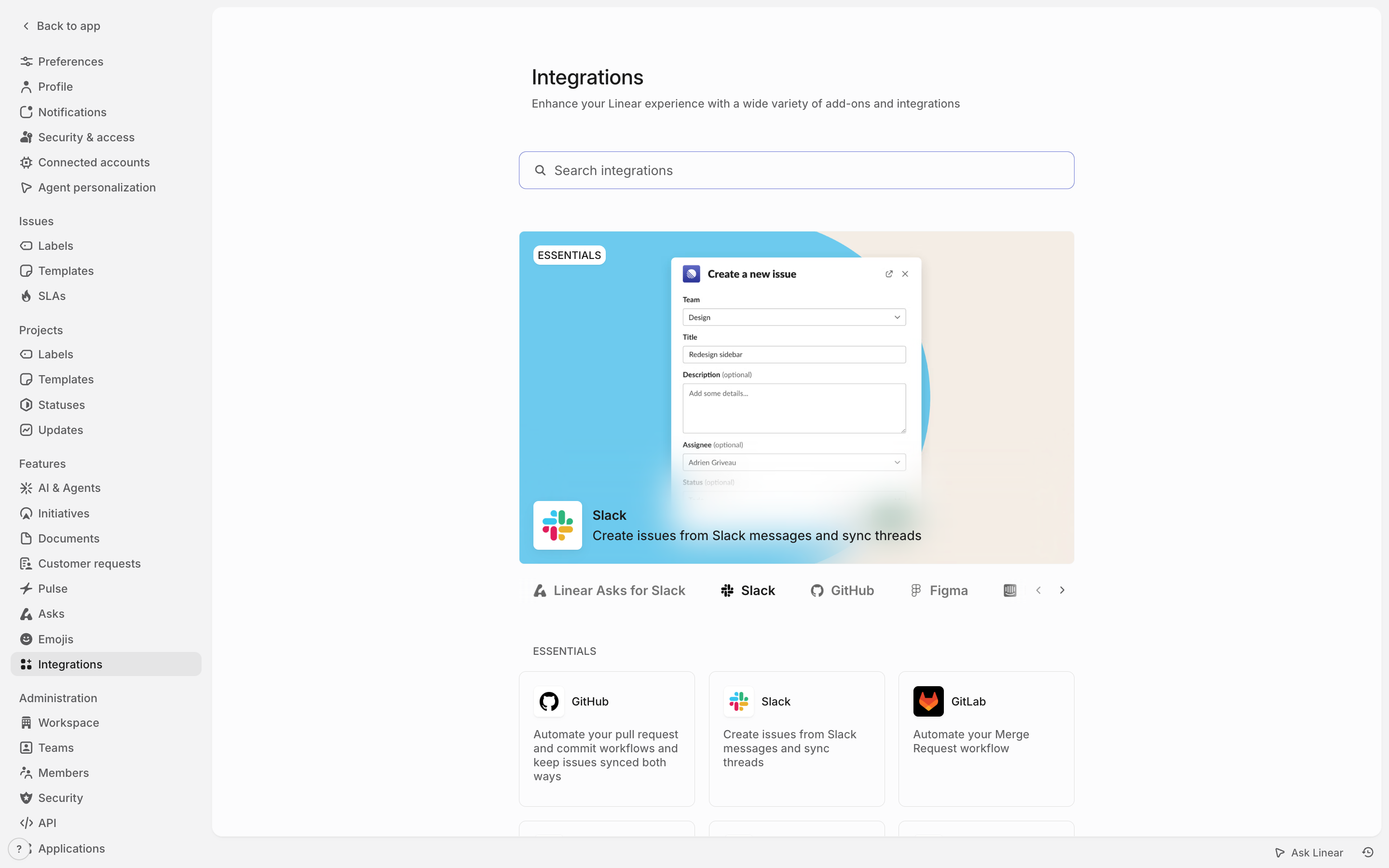 Linear — integrations screenshot