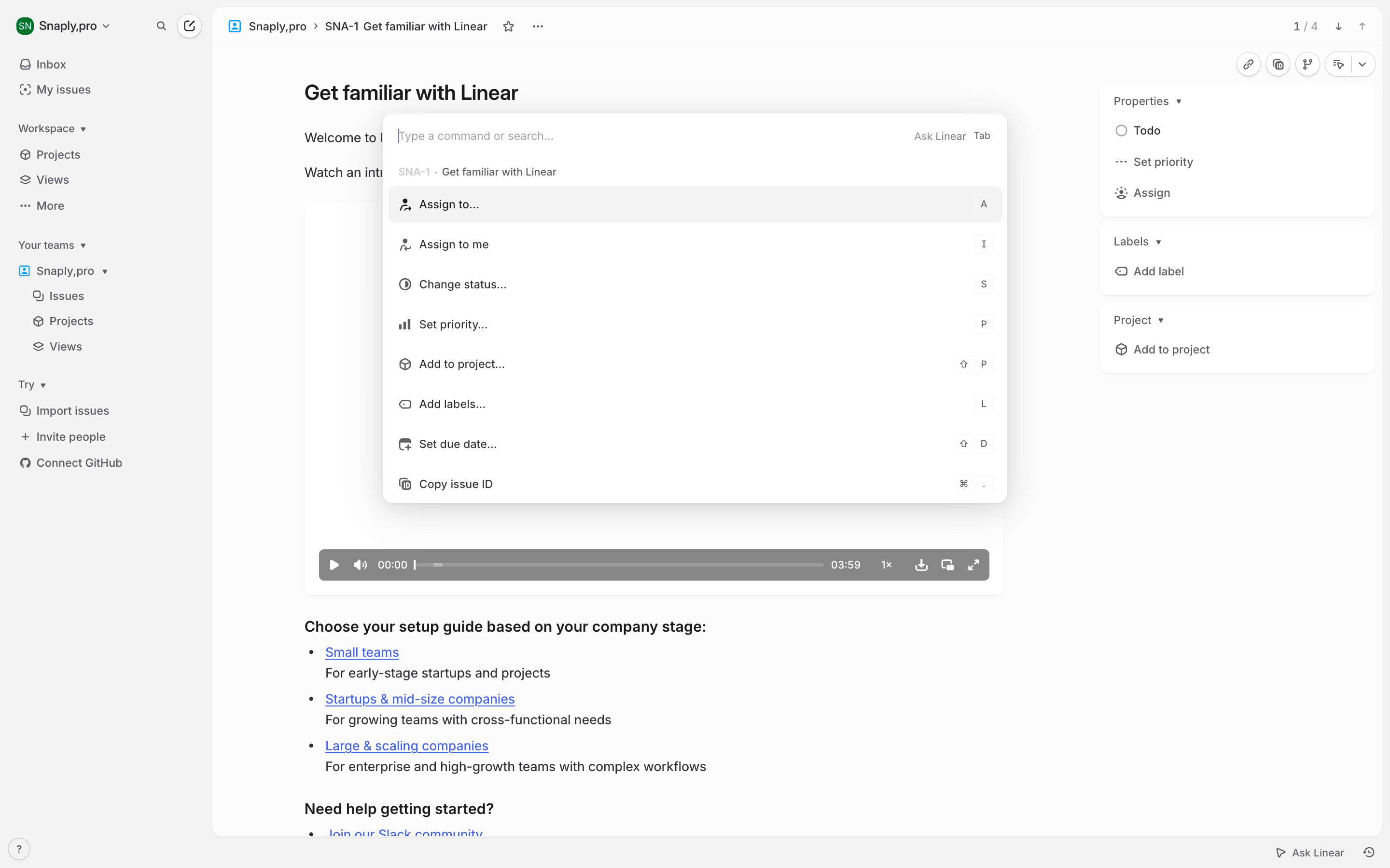 Linear — getting-started-jobs-menu screenshot