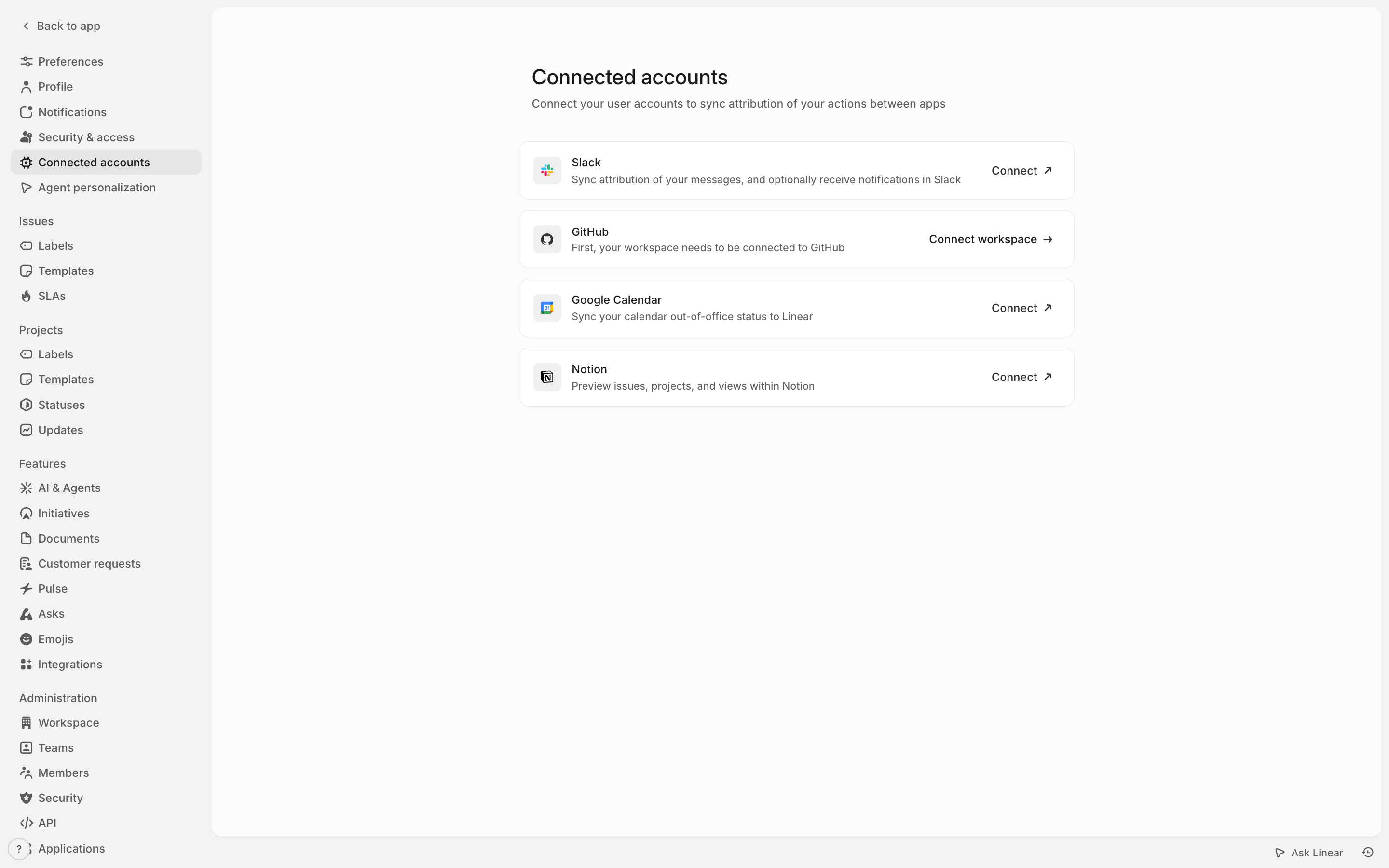 Linear — connected-accounts screenshot