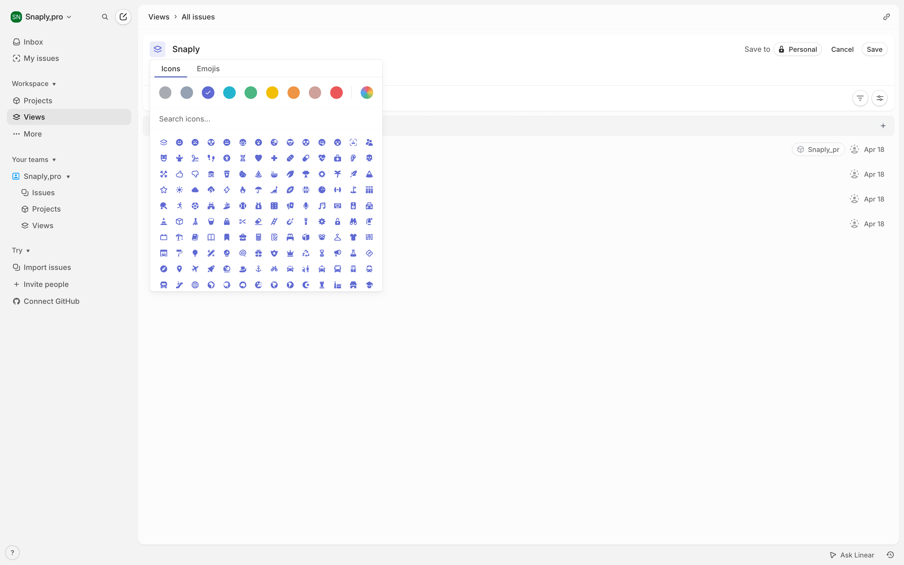 Linear — emoji-picker screenshot