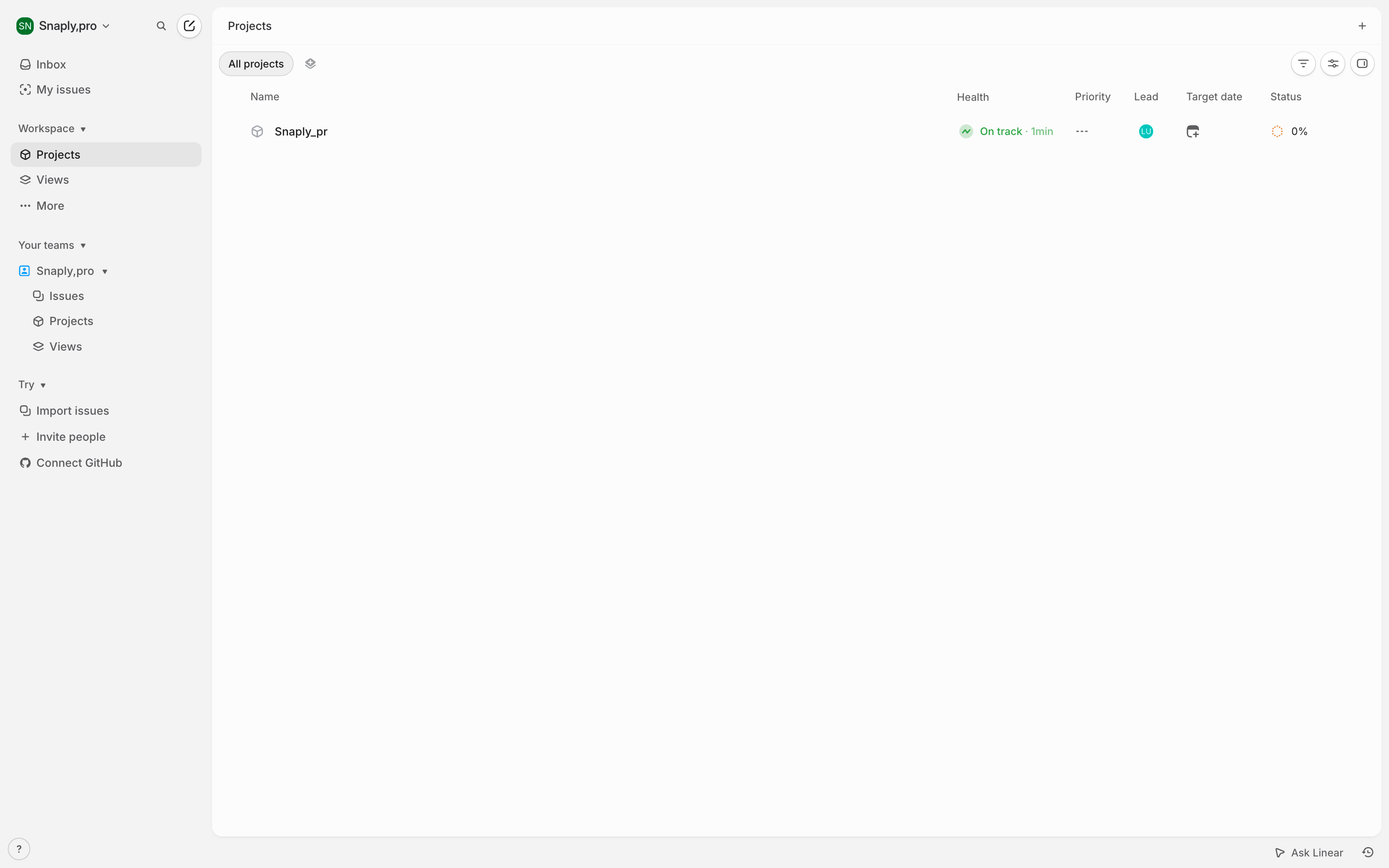 Linear — empty-projects-list screenshot