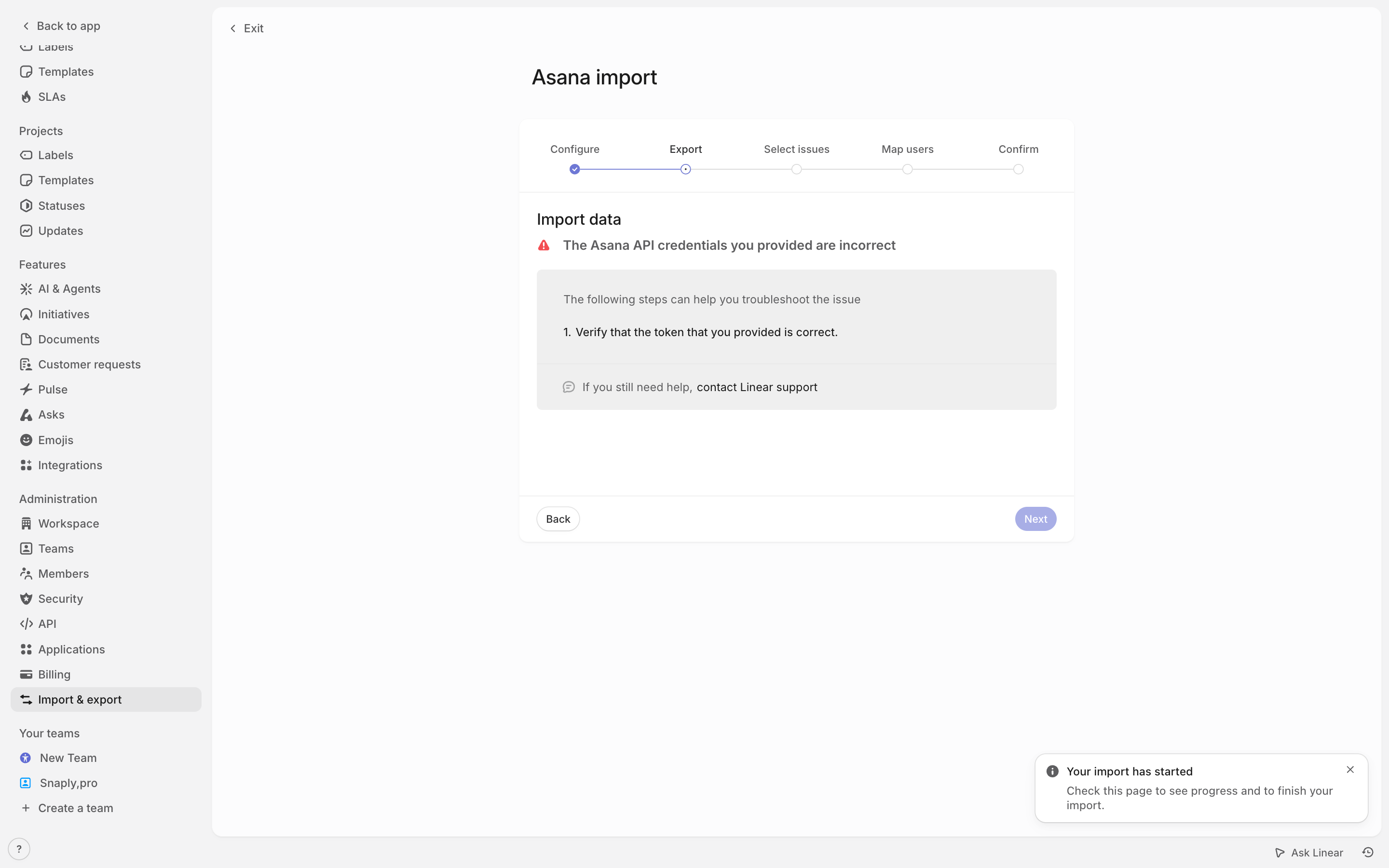 Linear — import-data-review screenshot
