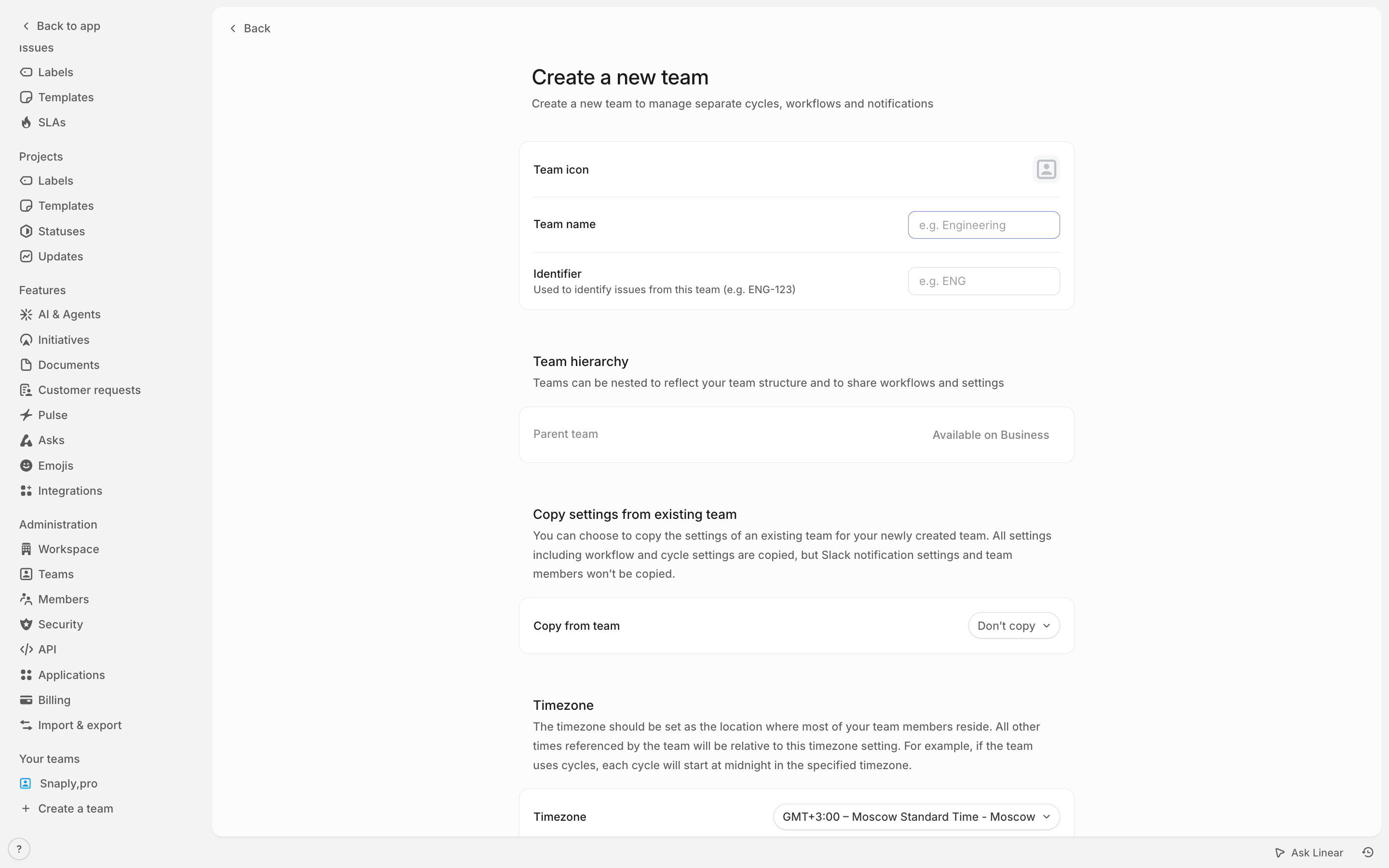 Linear — create-team screenshot