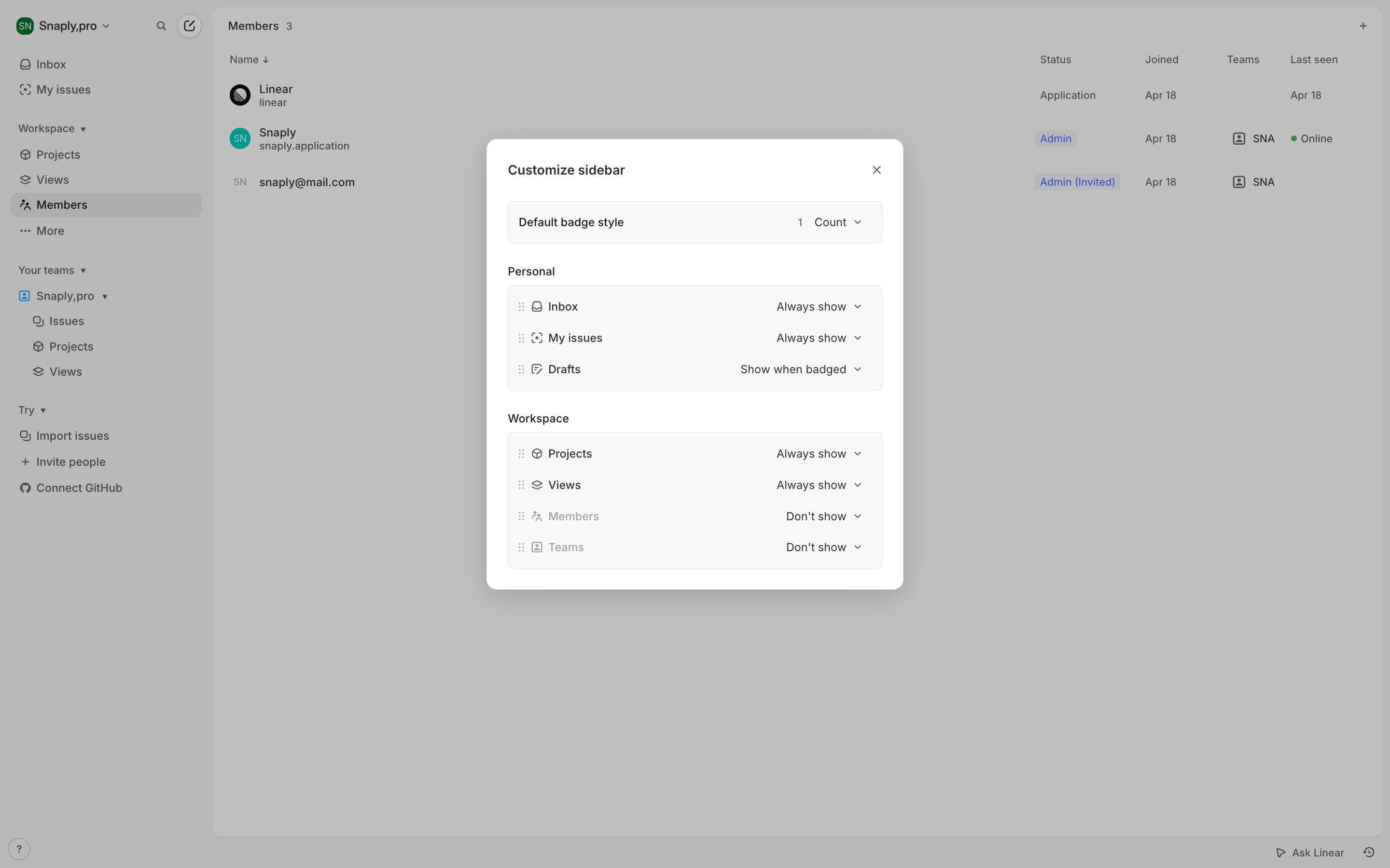 Linear — reminders-modal screenshot