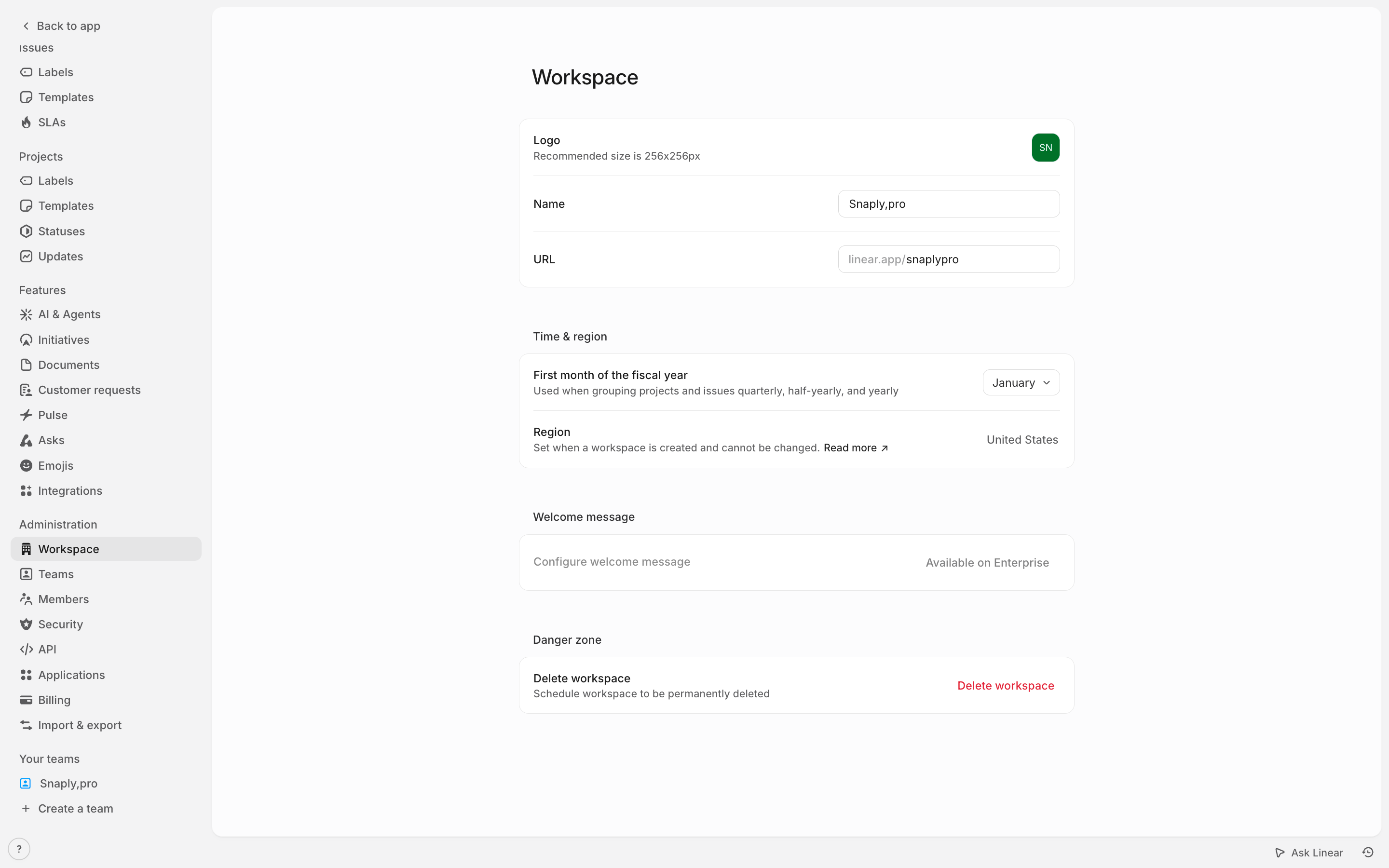 Linear — workspace-settings screenshot