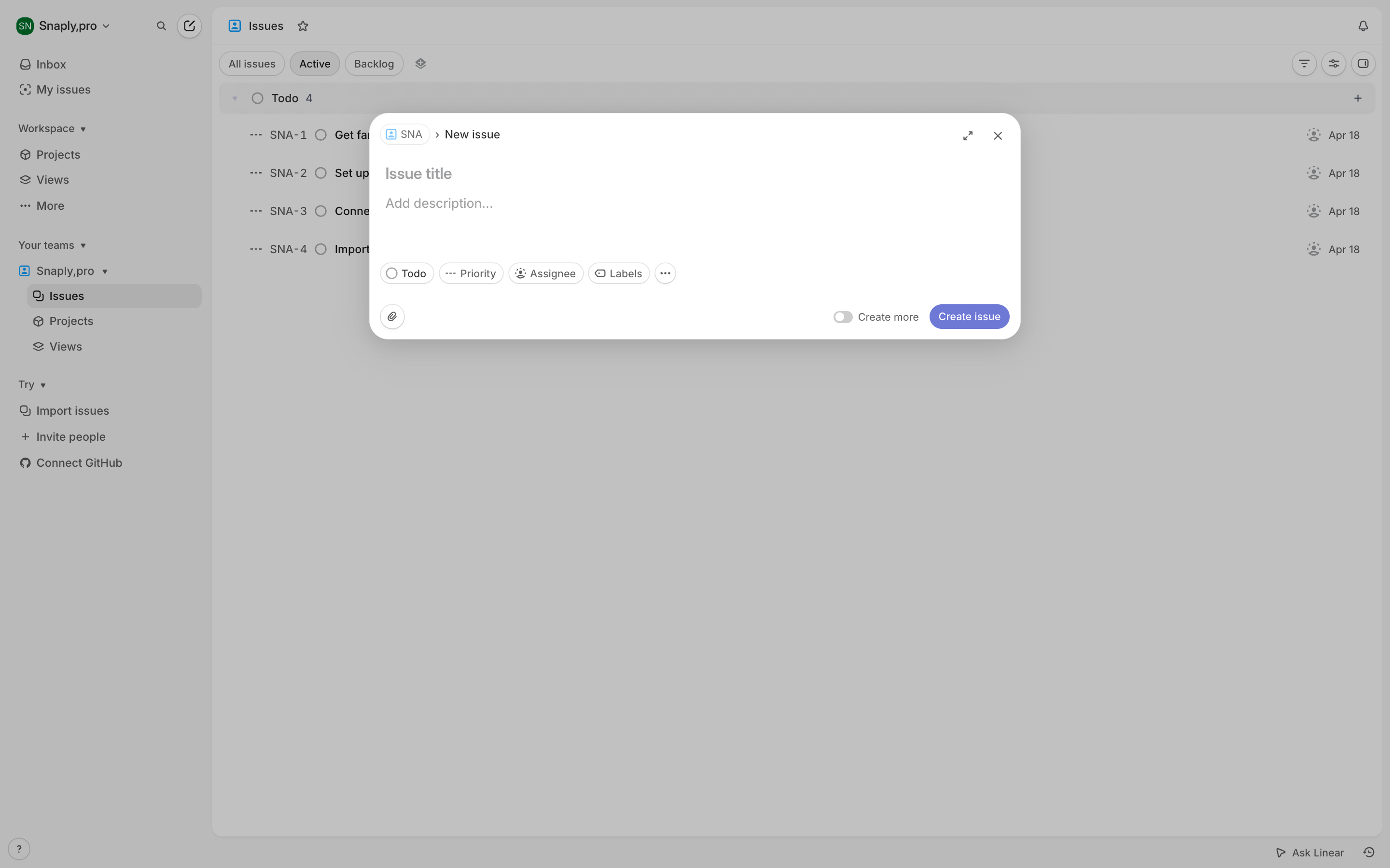 Linear — new-issue-dialog screenshot