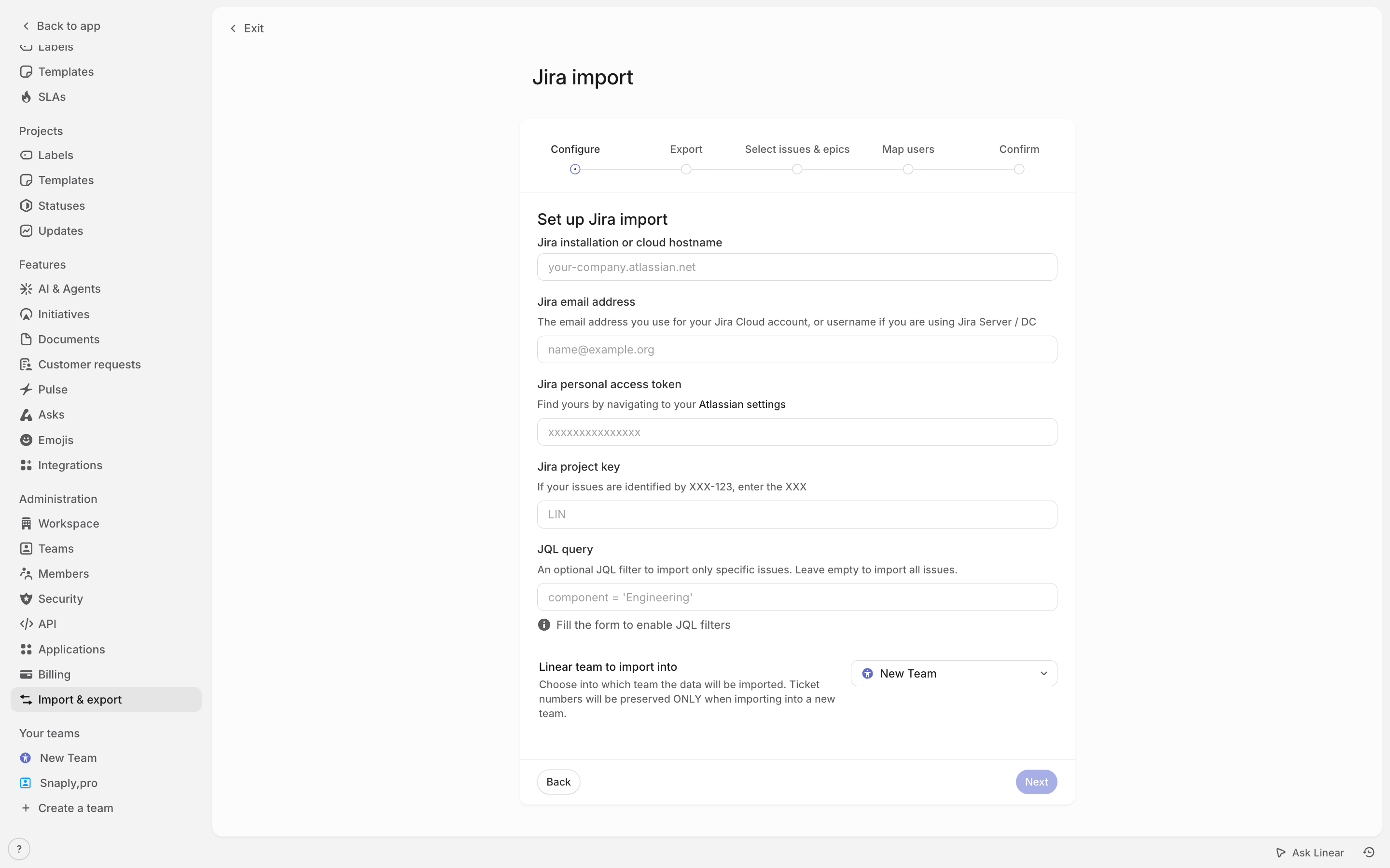 Linear — jira-import-setup screenshot